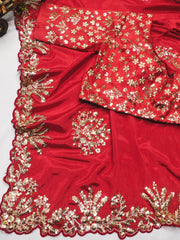 Royal Red Premium Diamond Chinon Silk Saree