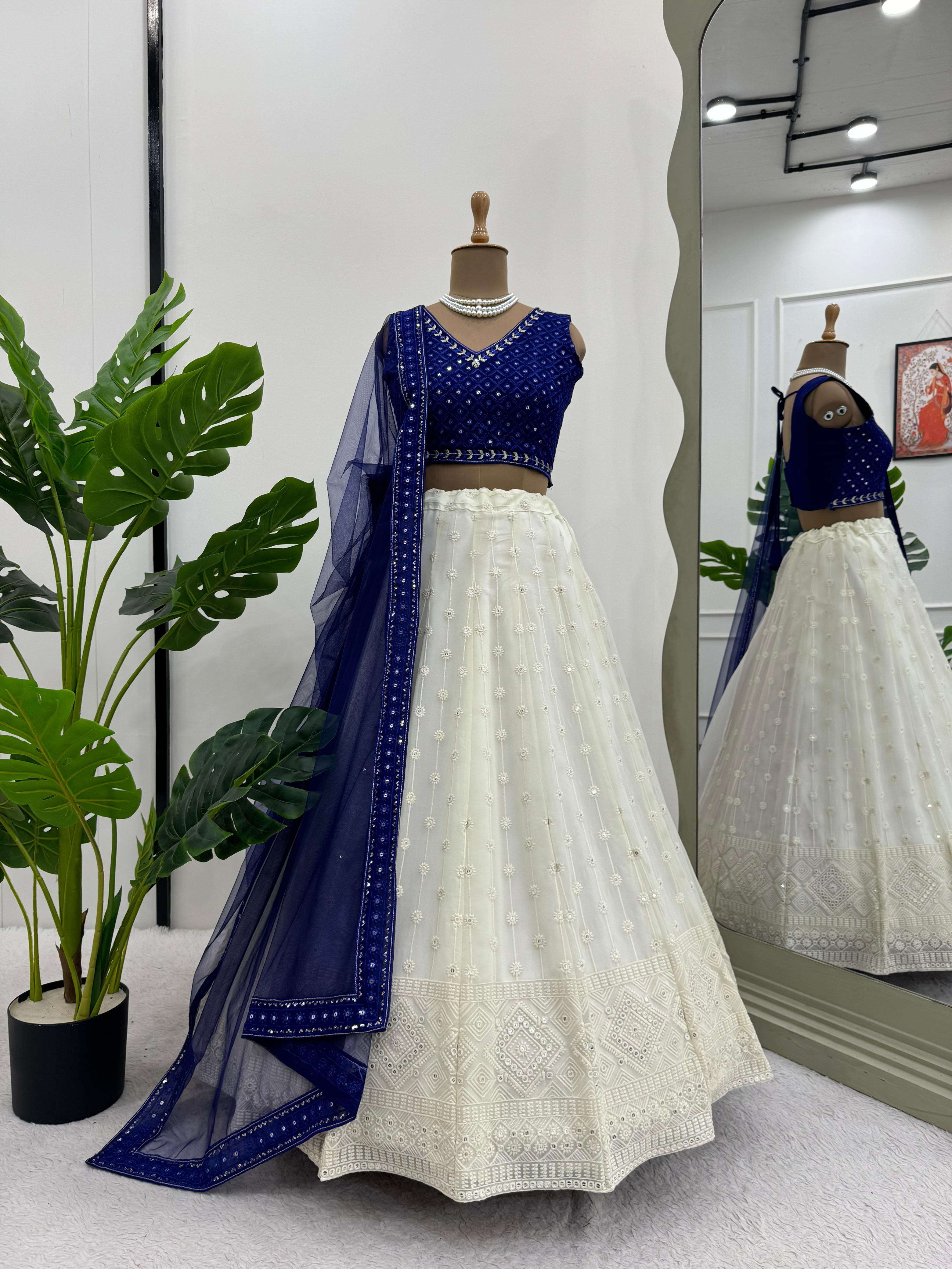 Shining White & Blue Colour Georgette Thread And Sequence Work Lehenga Choli