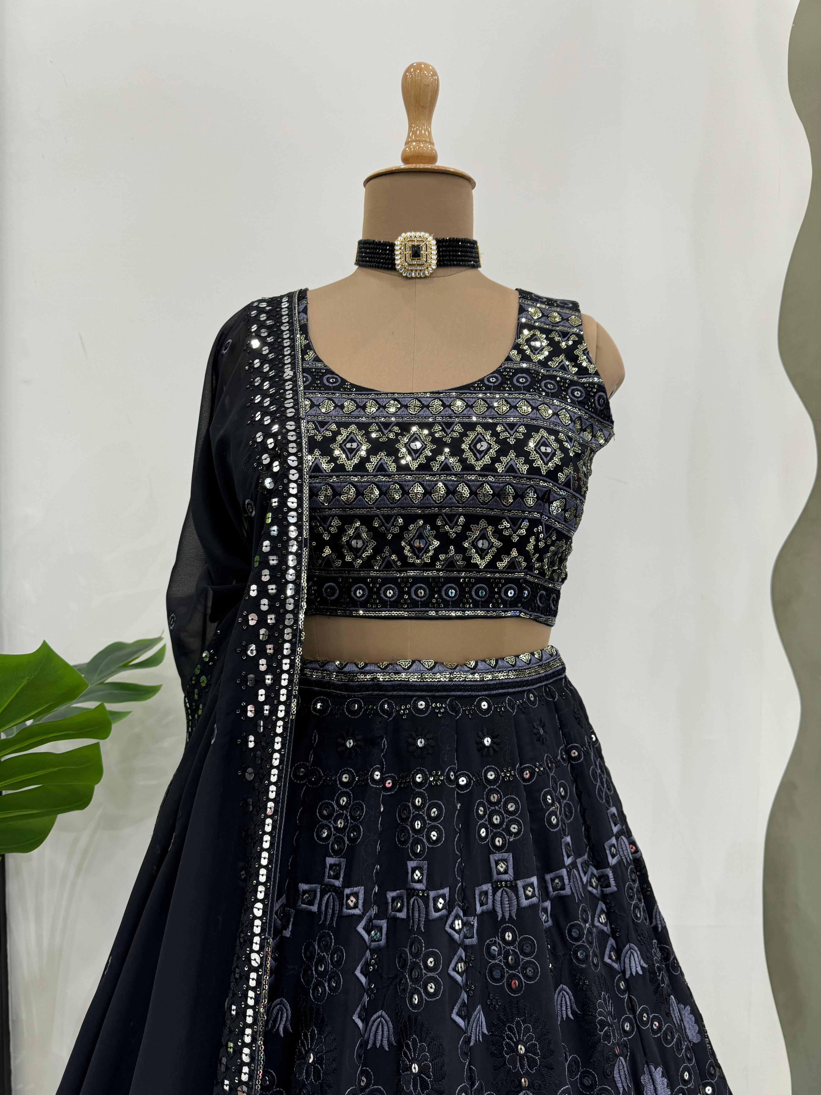 Adorable Black Georgette Sequence With Thread Work Designer Lehenga Choli