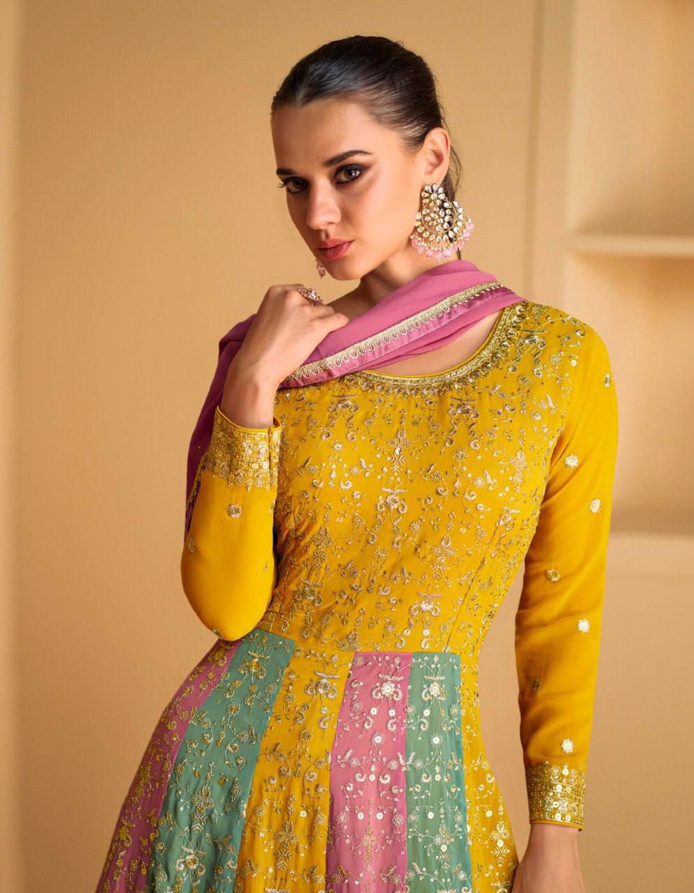 Beautiful Multicolored Georgette Embroidery Work Gown