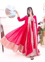 Beautiful Pink Georgette Sequence Coding Embroidery Work Gown