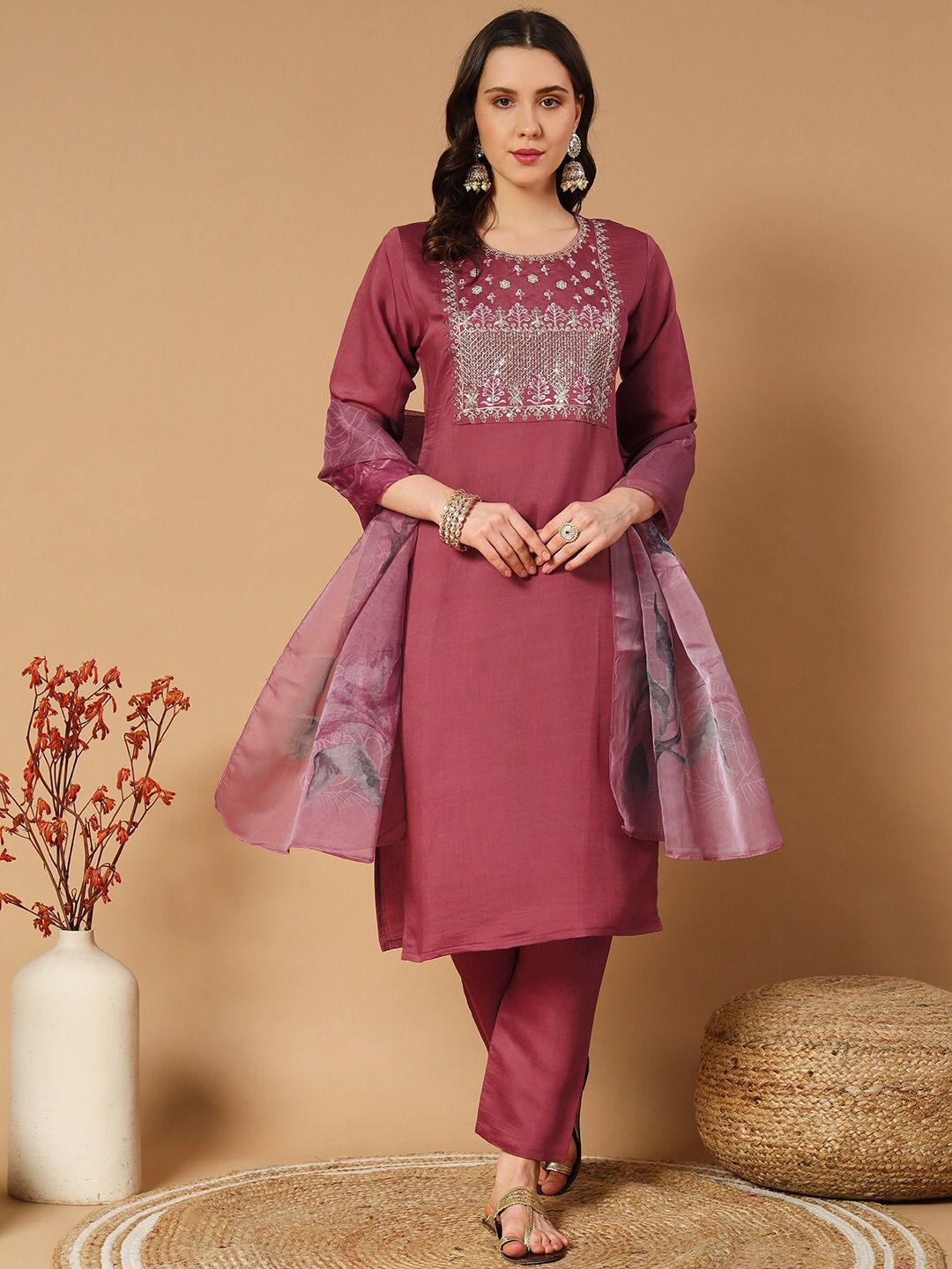 Designers Roman Silk With Embroidery Work Kurti Pent Dupatta Set