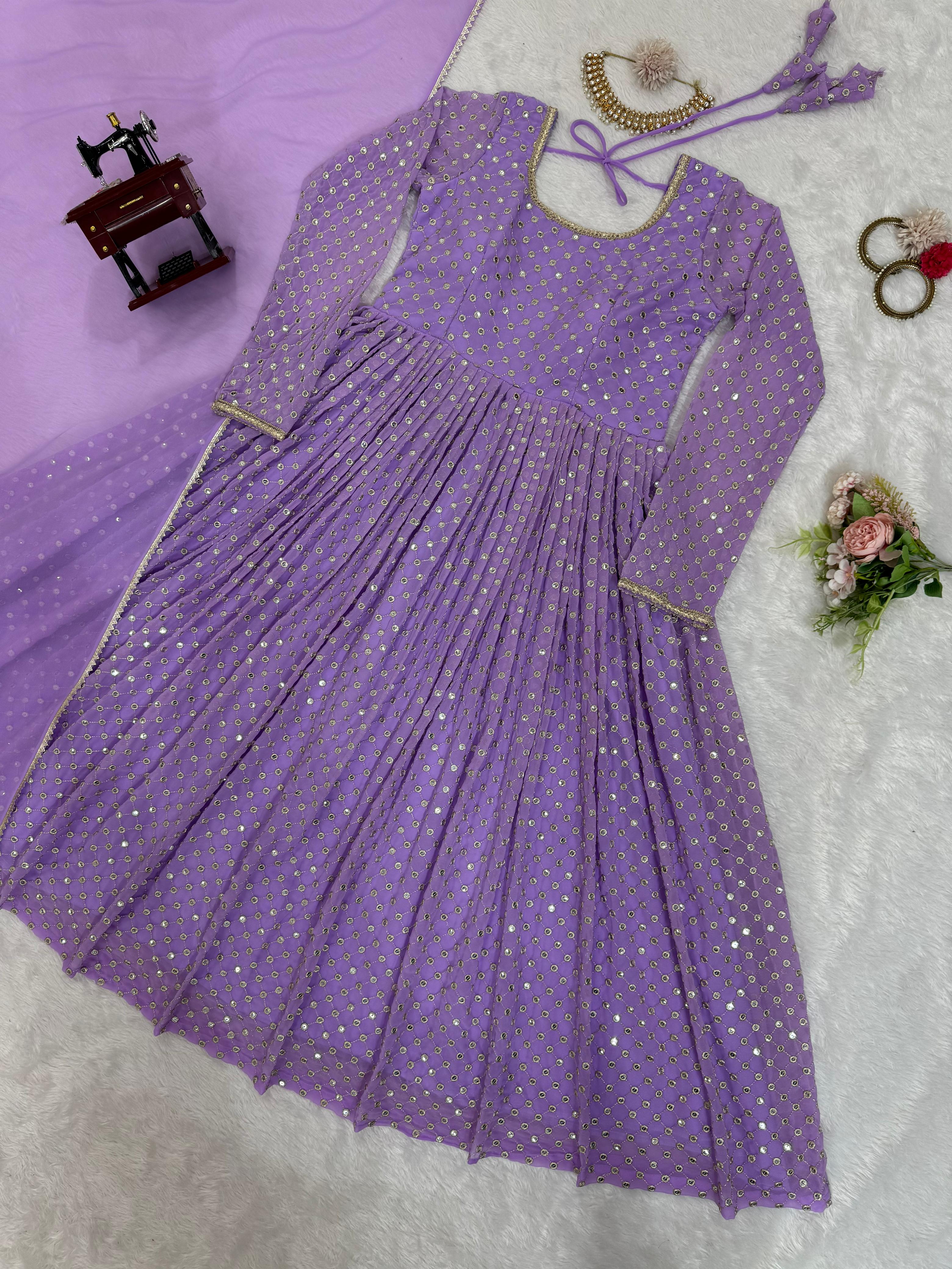 Beautiful Designer Lavender Georgette Thread With Sequence Work Gown