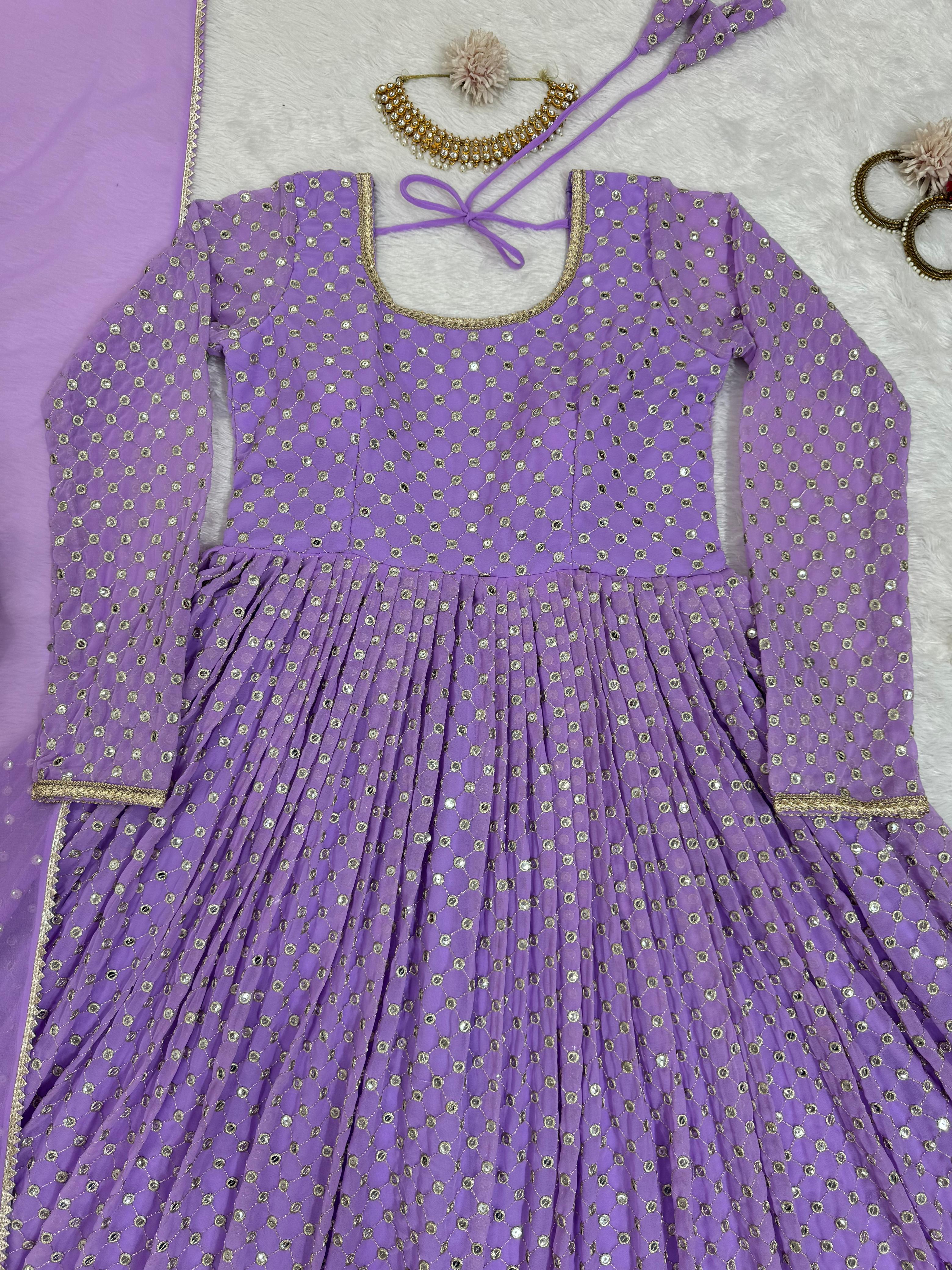 Beautiful Designer Lavender Georgette Thread With Sequence Work Gown