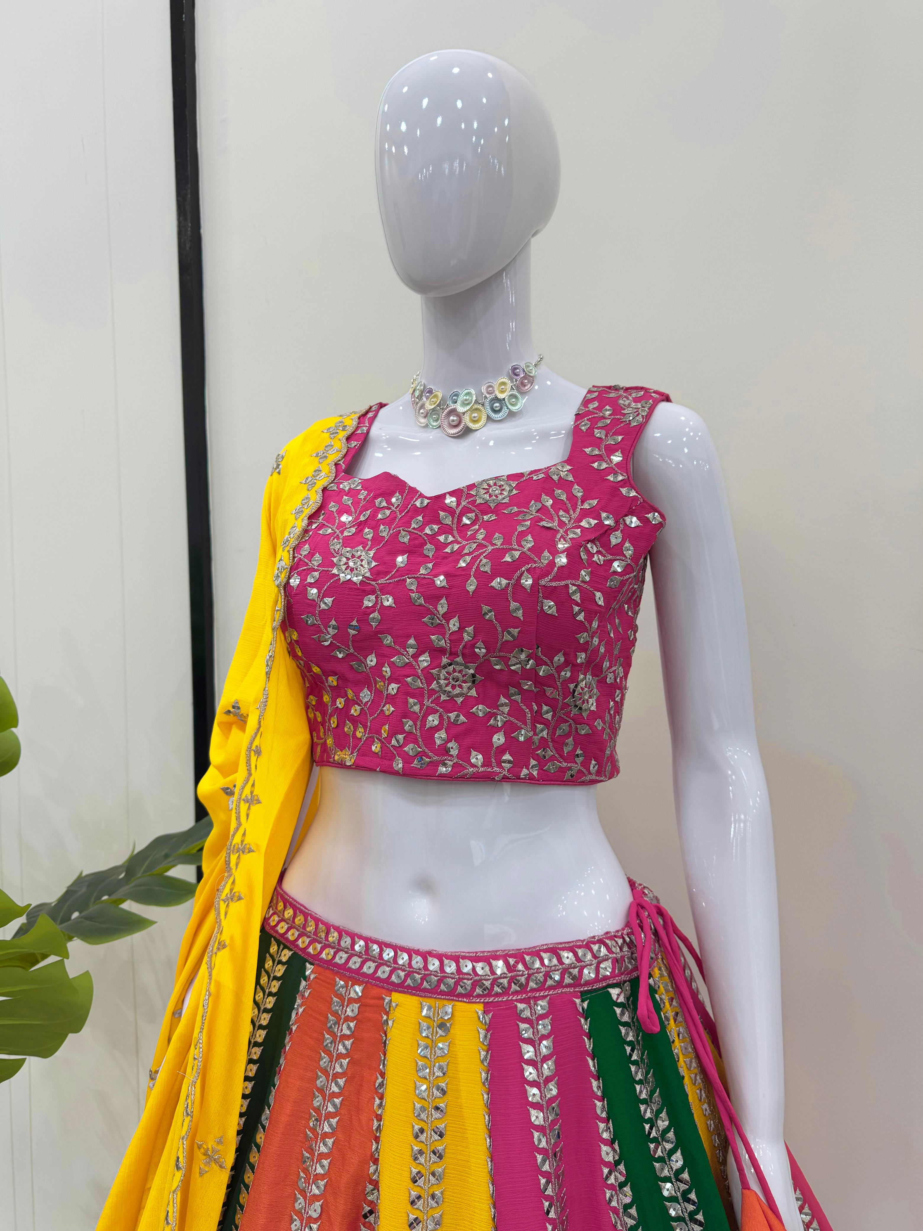 Trending Multi Colored Chinon Silk Thread With Sequence Work Lehenga Choli