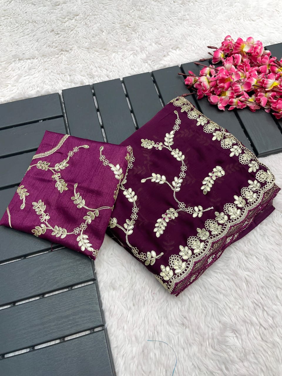 Beautiful Soft Satin Chiffon Blooming Coding Foil Thread Embroidery Work Saree