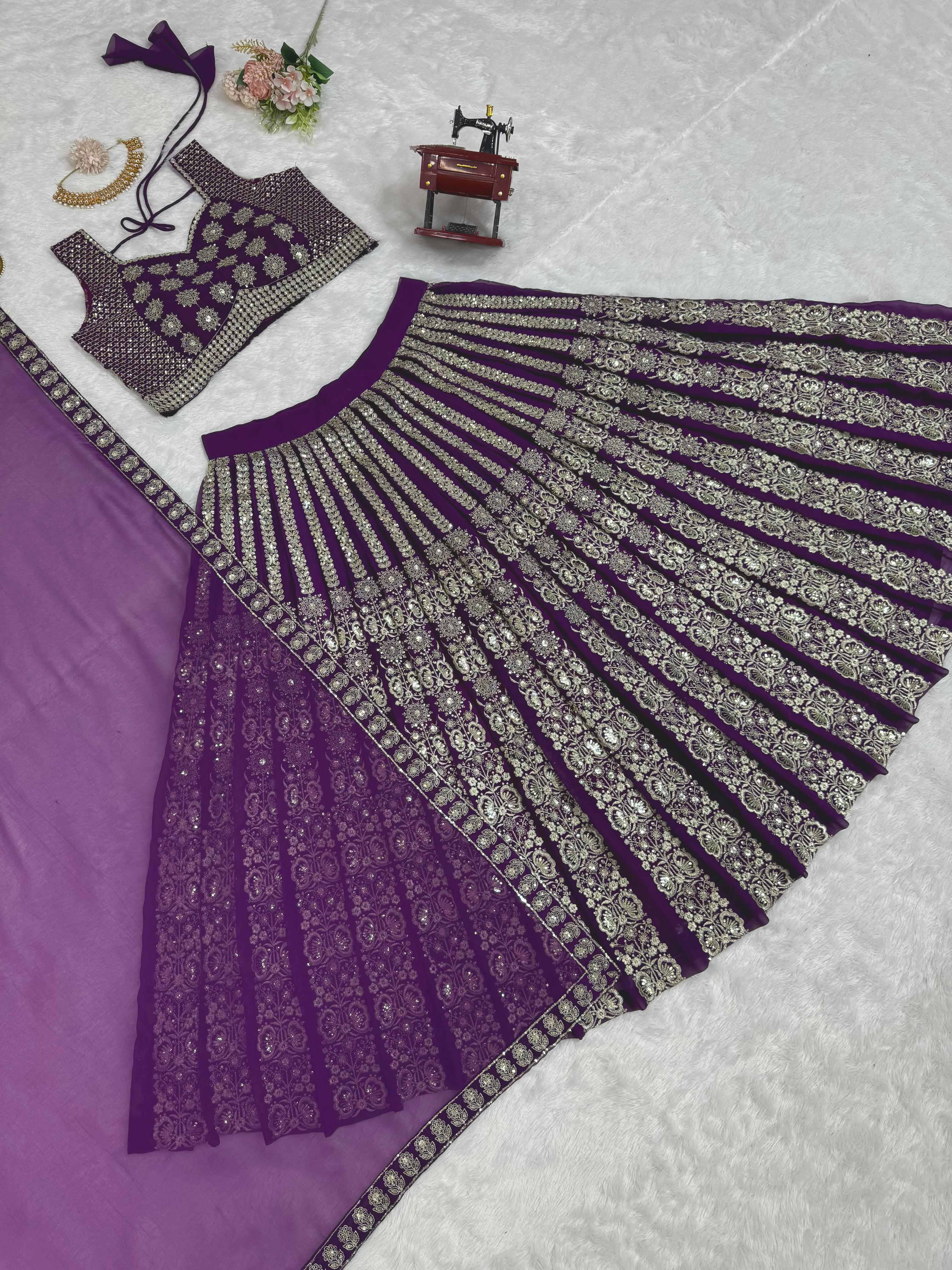 Shining Purple Partywear Sequence With Thread Work Designer Lehenga Choli