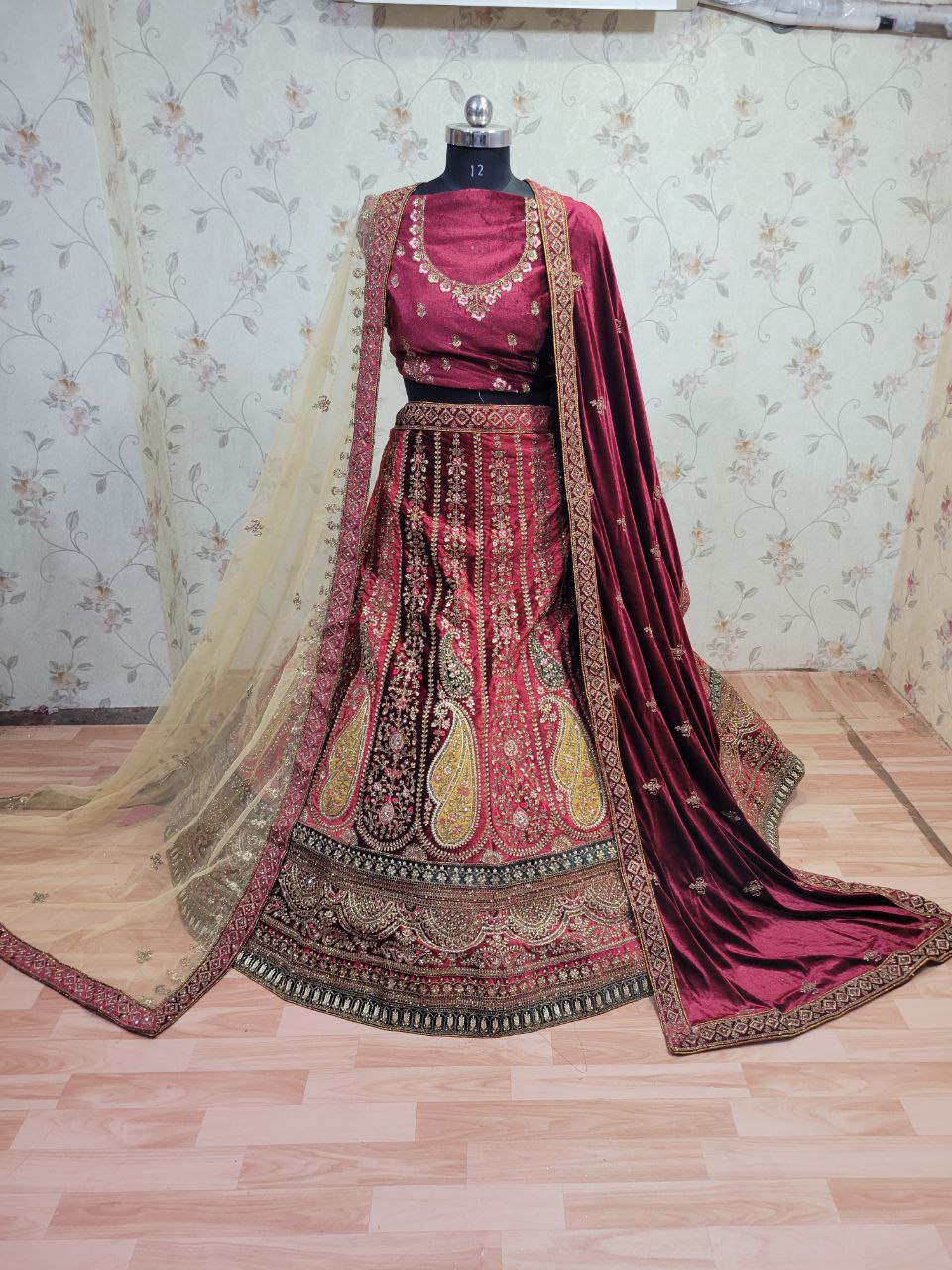 Heavy Pure Lycra Velvet Zarkan Work Multi Colour Double Dupatta & Double Cancan Rajwadi Bridal Lehenga Choli