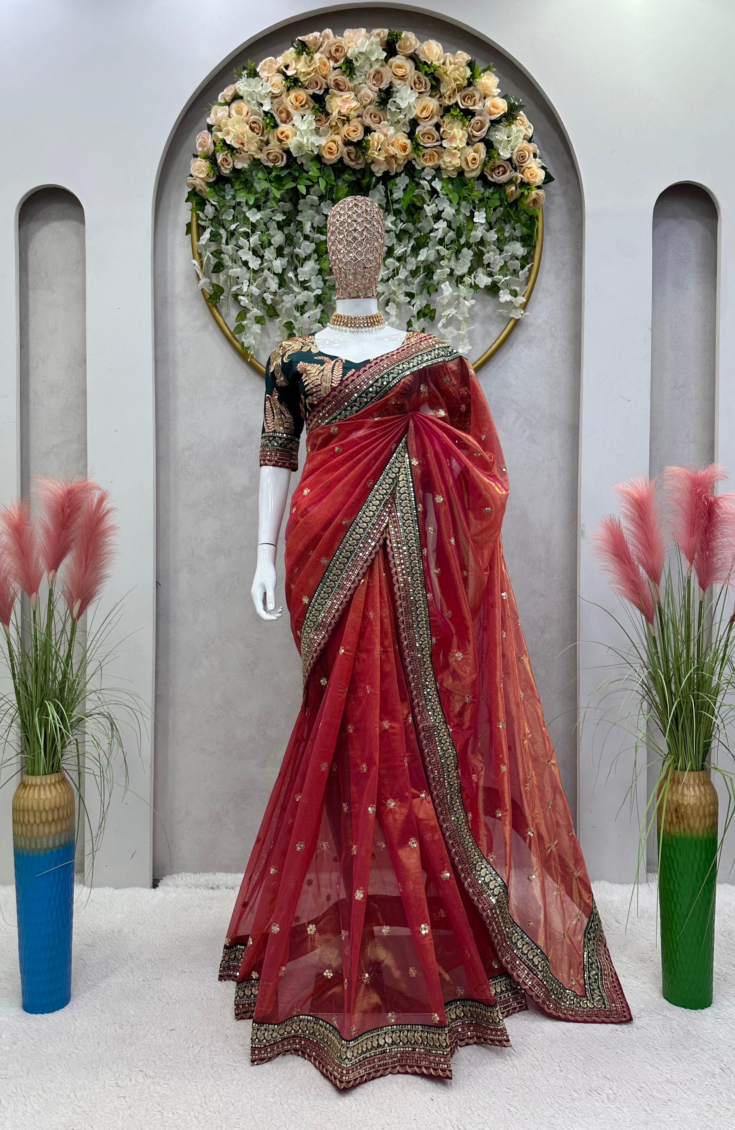 Royal Red Beautiful Designer Twil Net Saree