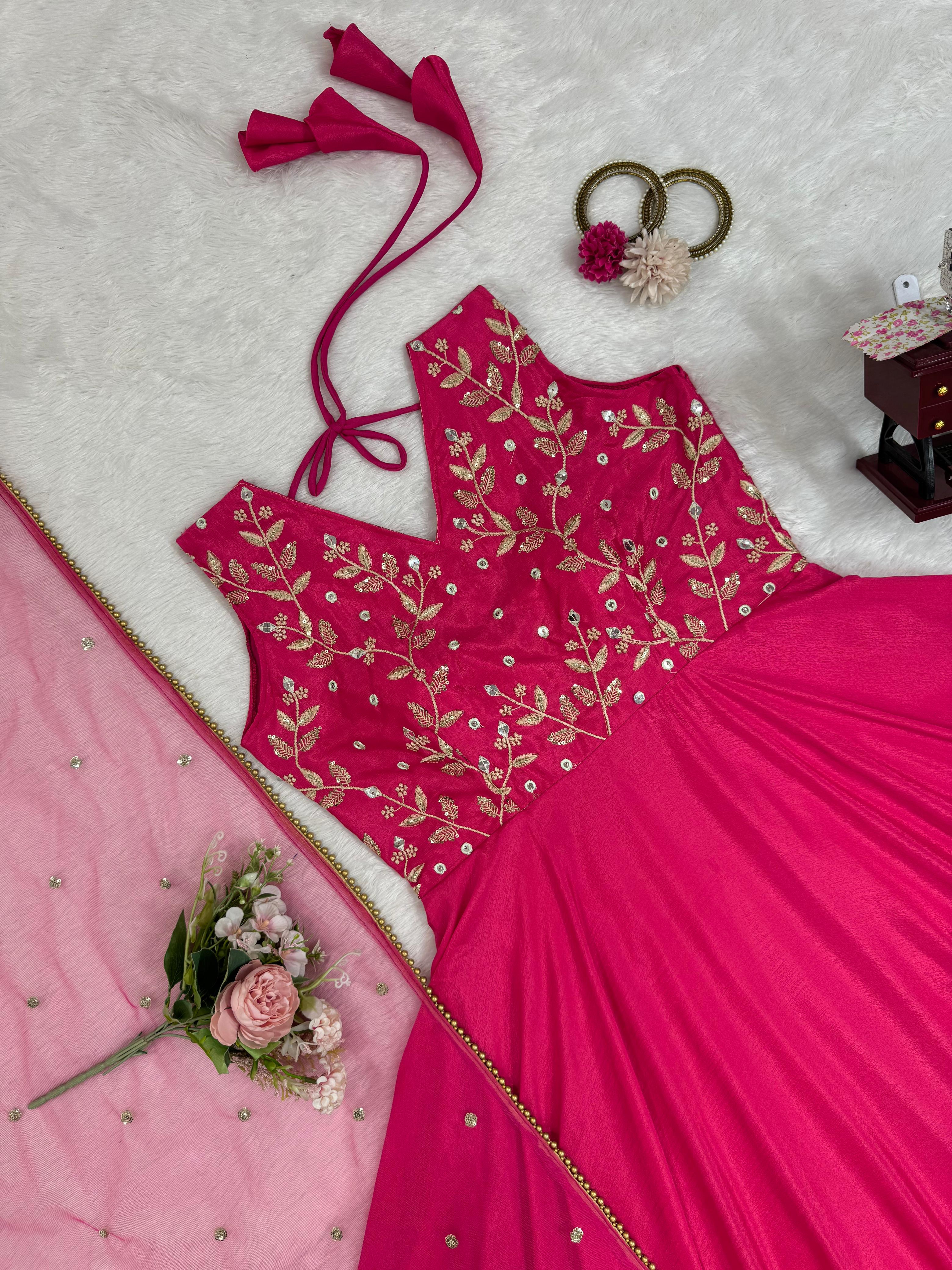 Pretty Pink Chinon Silk Party-wear Gown