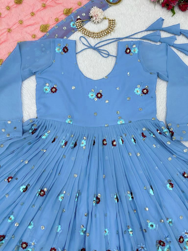 Pretty Sky Blue Flower Design Georgette Dress