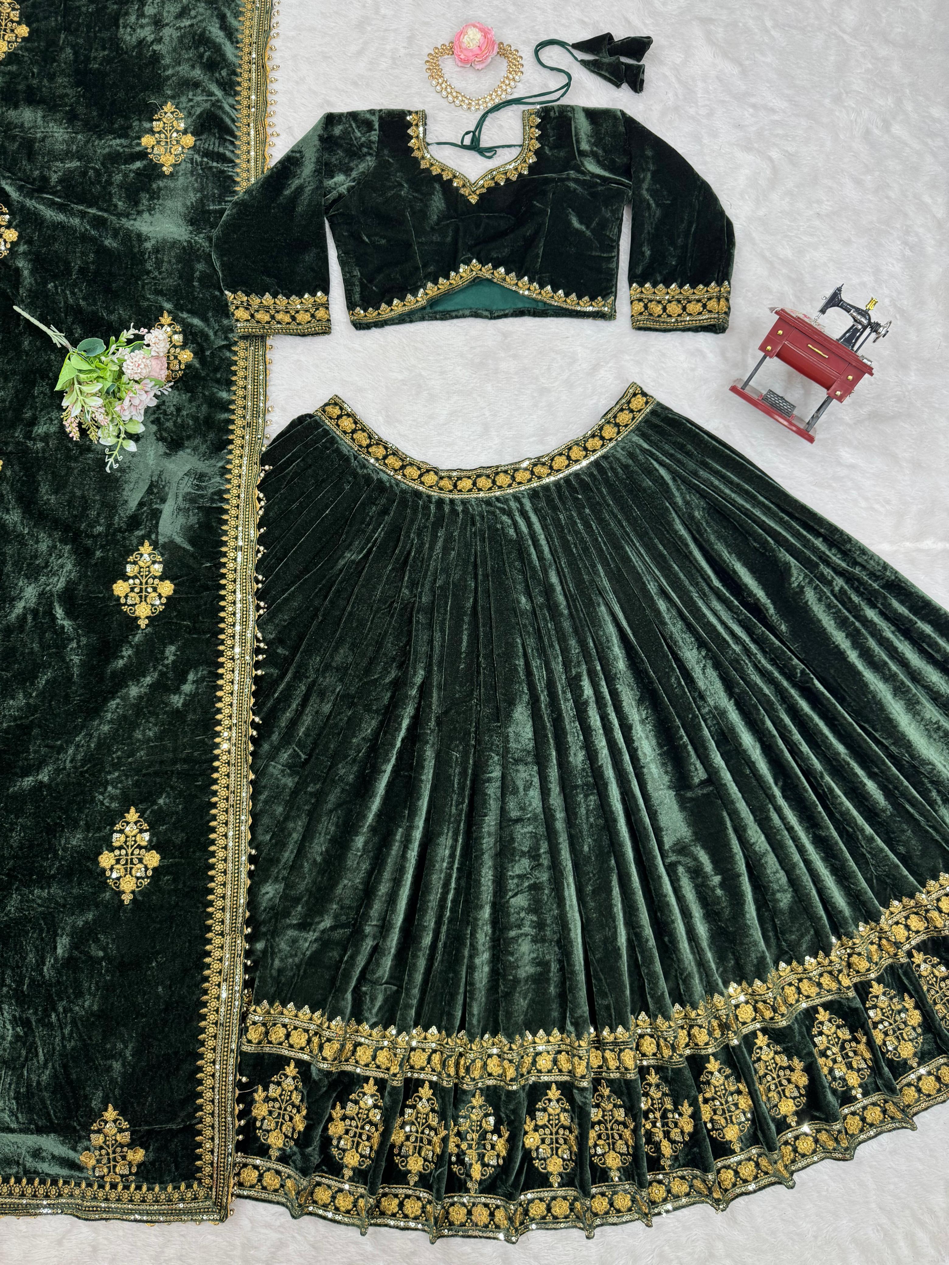 Beautiful Green Viscose Velvet Thread With Sequence Work Lehenga Choli