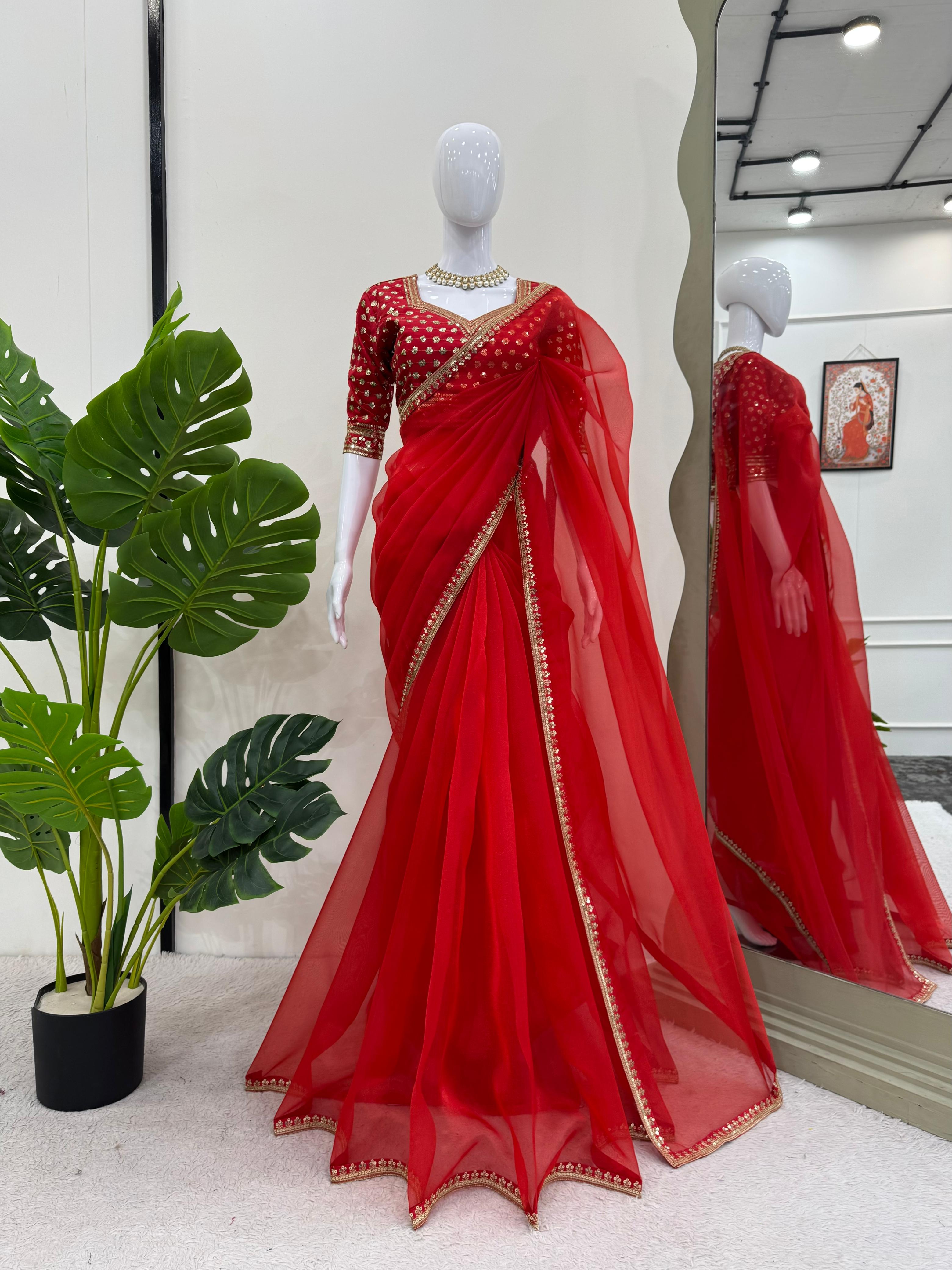 Hot Red Beautiful Designer Heavy Organza Silk Saree