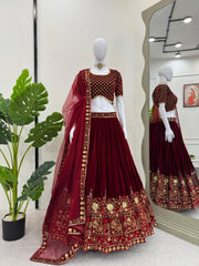 Brides Special Viscose Velvet Thread With Sequence Work Lehenga Choli