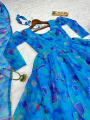 Beautiful Sky Blue Tibby Silk Digital Printed & Foil Work Gown