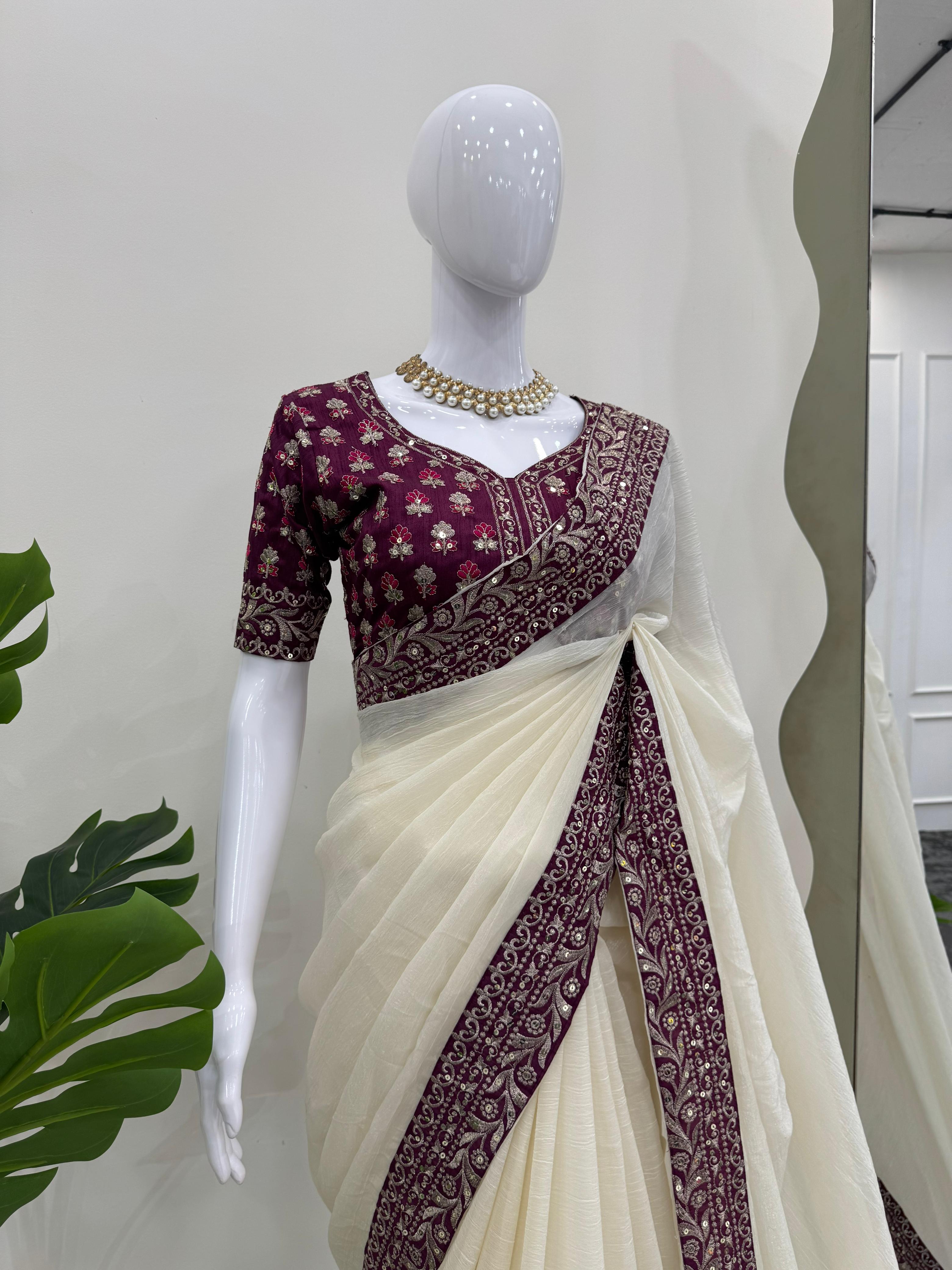 Beautiful White Crunchy Silk Designer Thread With Sequence Work Saree