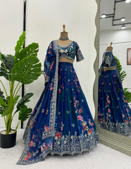 Bridesmaid Blue Georgette Silk Floral Digital Printed Lehenga