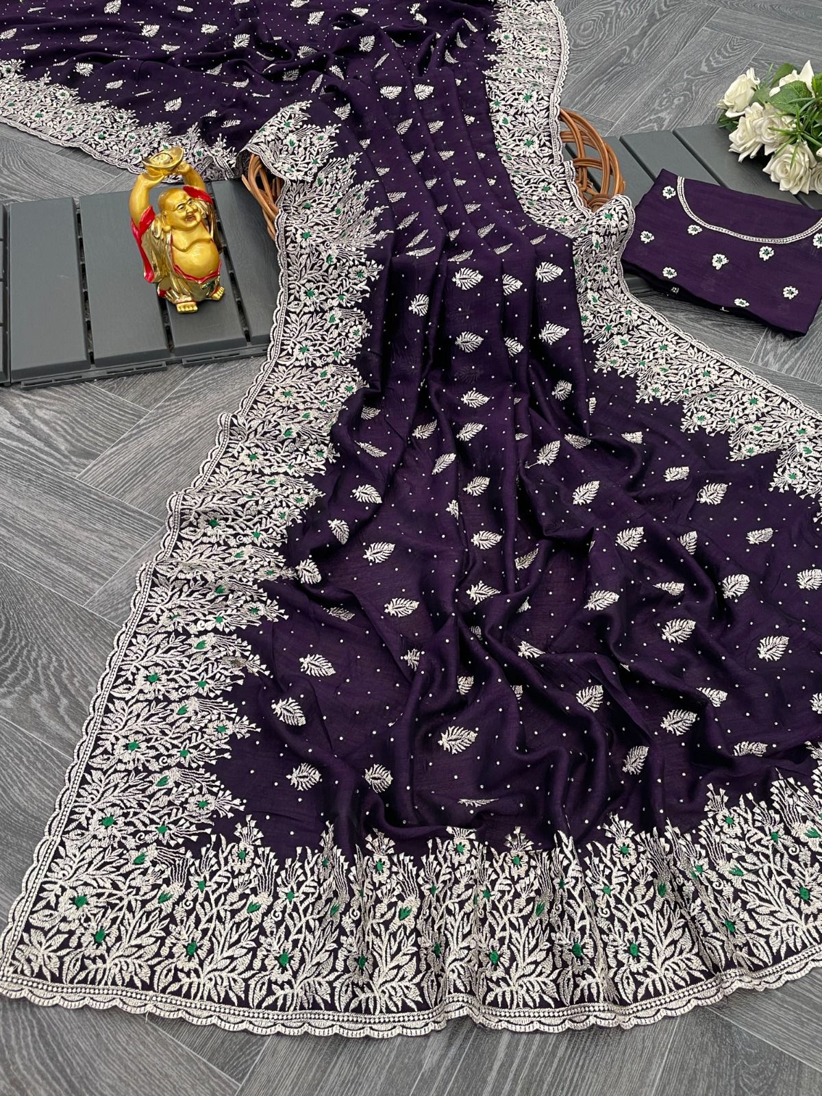 Most Beautiful Zari Work & Stone Work Blooming Vichitra Silk Saree