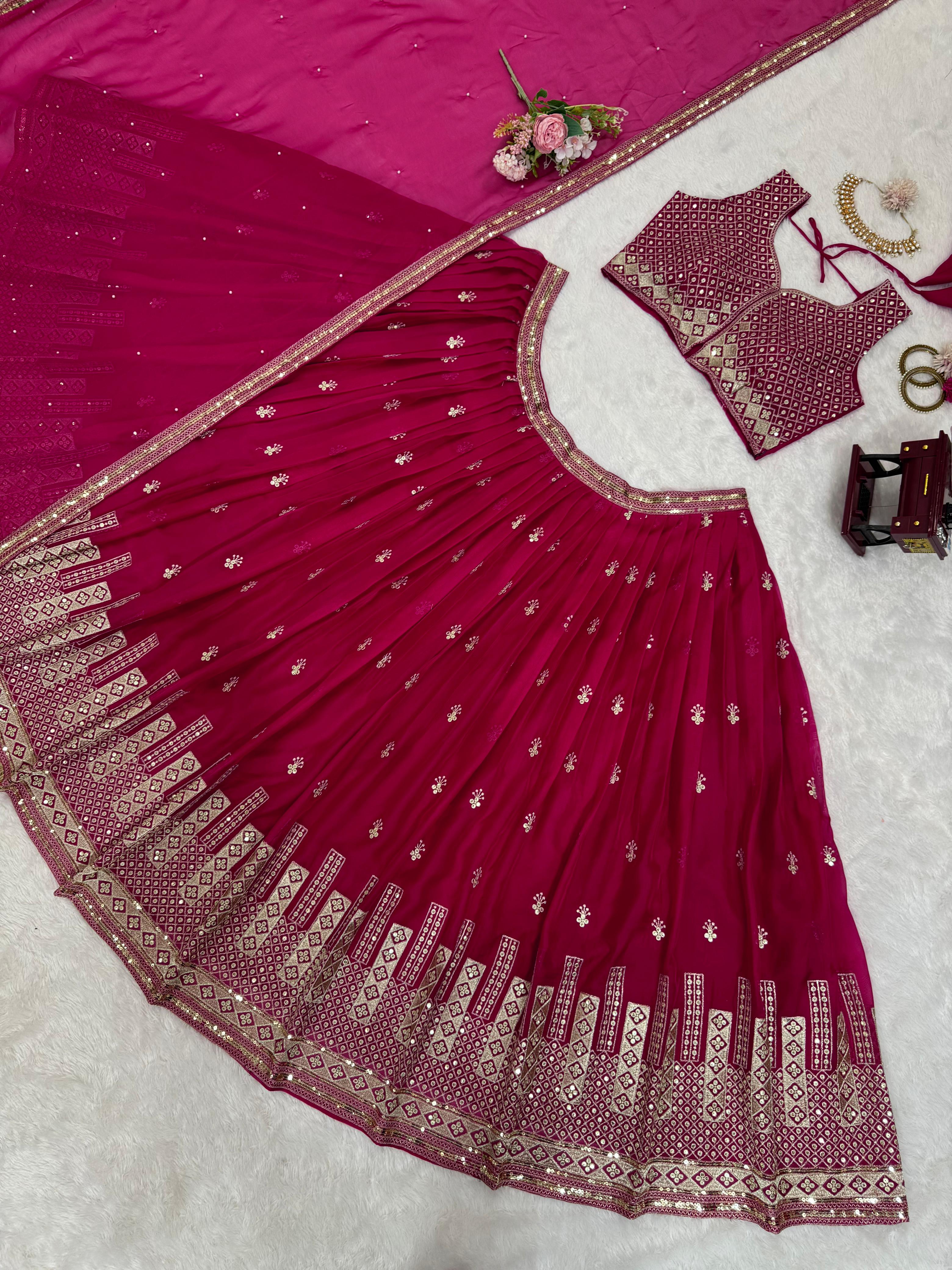 Bridesmaid Special Pretty Pink Tabby Organza With Thread & Sequence Work Lehenga Choli