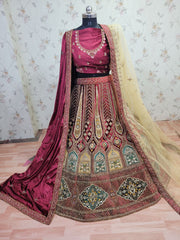 Heavy Pure Lycra Velvet Zarkan Work Multi Colour Double Dupatta & Double Cancan Rajwadi Bridal Lehenga Choli