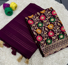 Trending Berry Chiffon Pattern With Beautiful Tussles Saree