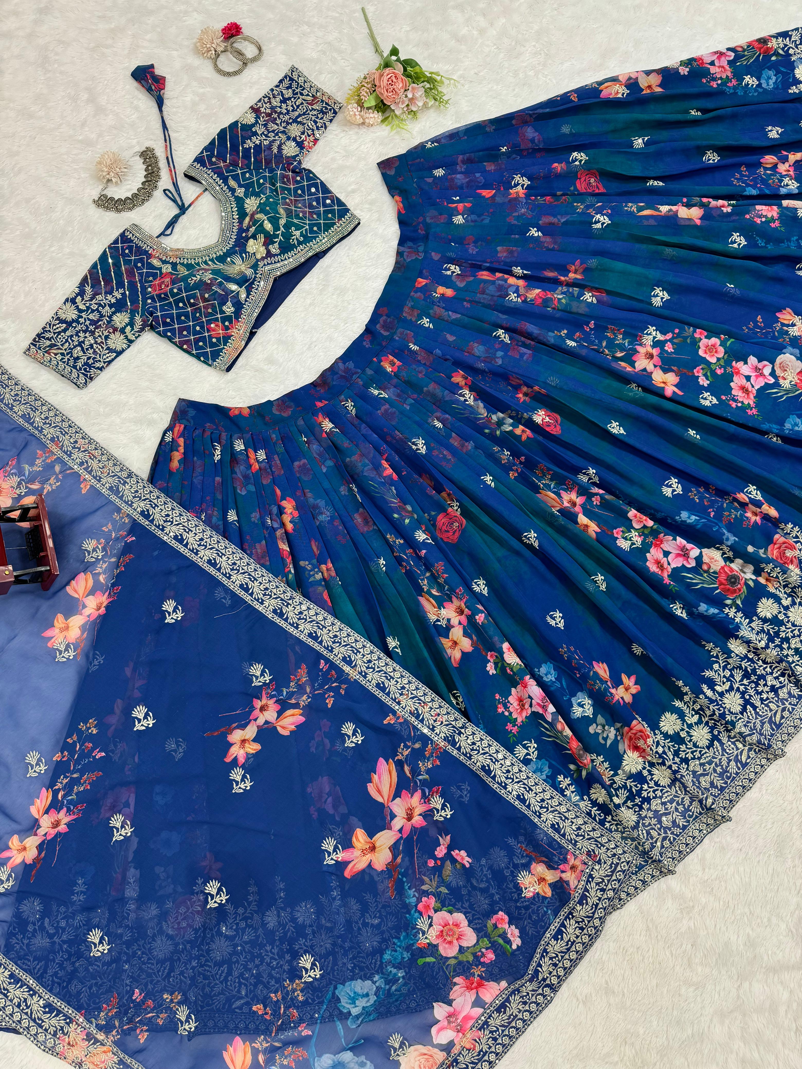 Bridesmaid Blue Georgette Silk Floral Digital Printed Lehenga