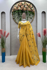 Outstanding Yellow Colour Beautiful Designer Heavy Chanderi Silk Saree