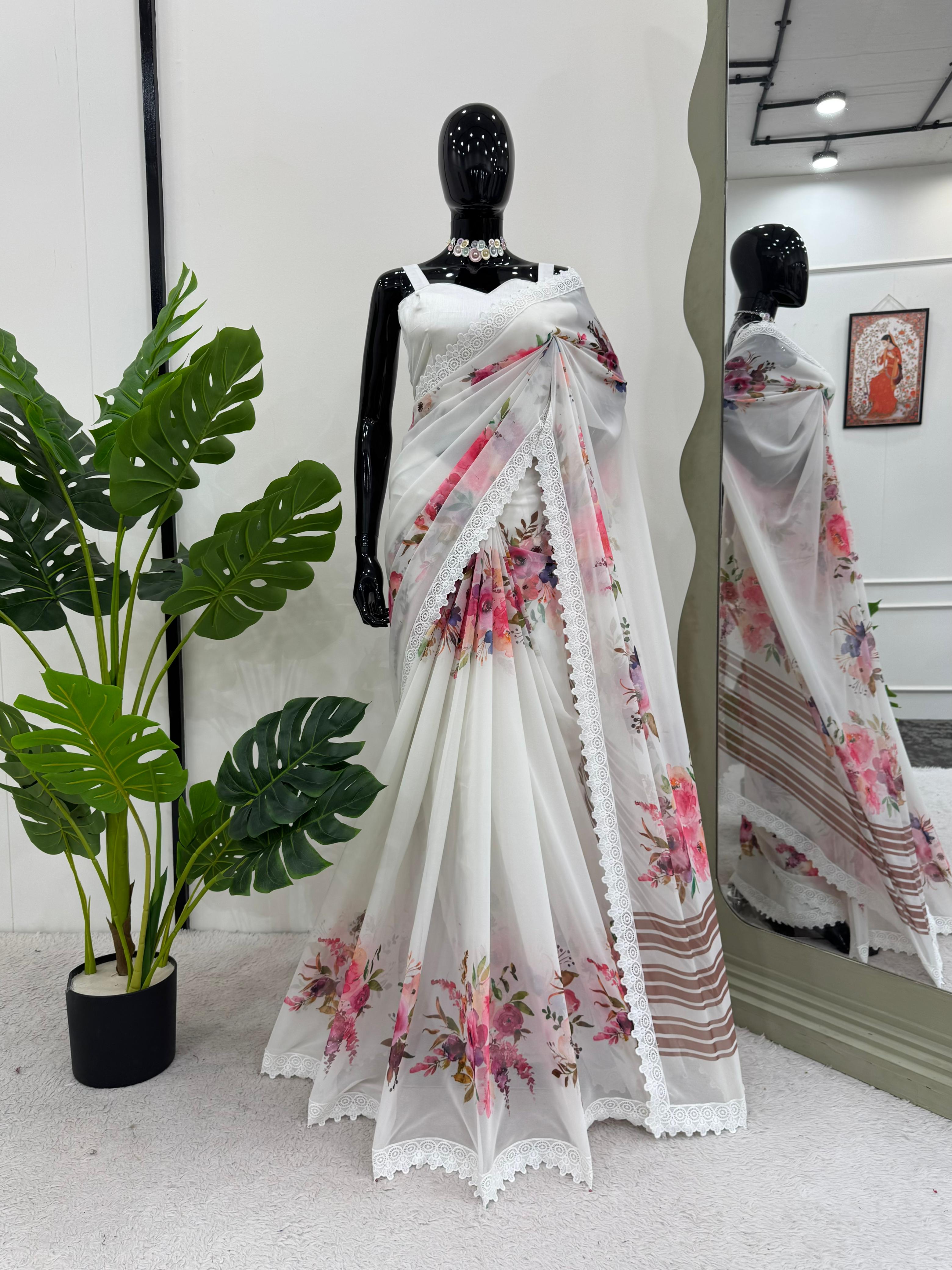 Beautiful White Georgette Digital Printed With Fancy Lace Border Saree