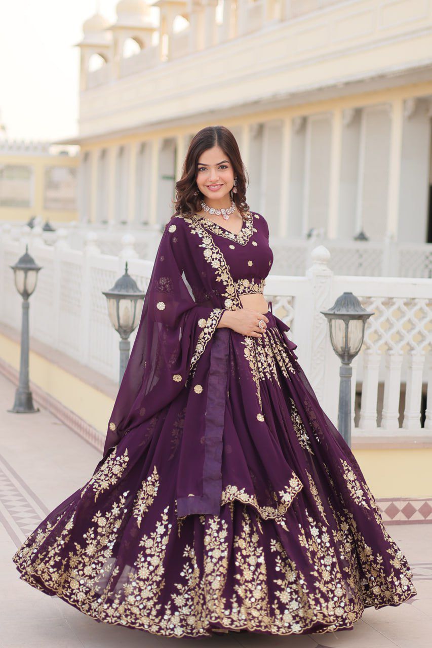 Trending Wine Embroidered Fully Flaired Georgette Lehenga Choli