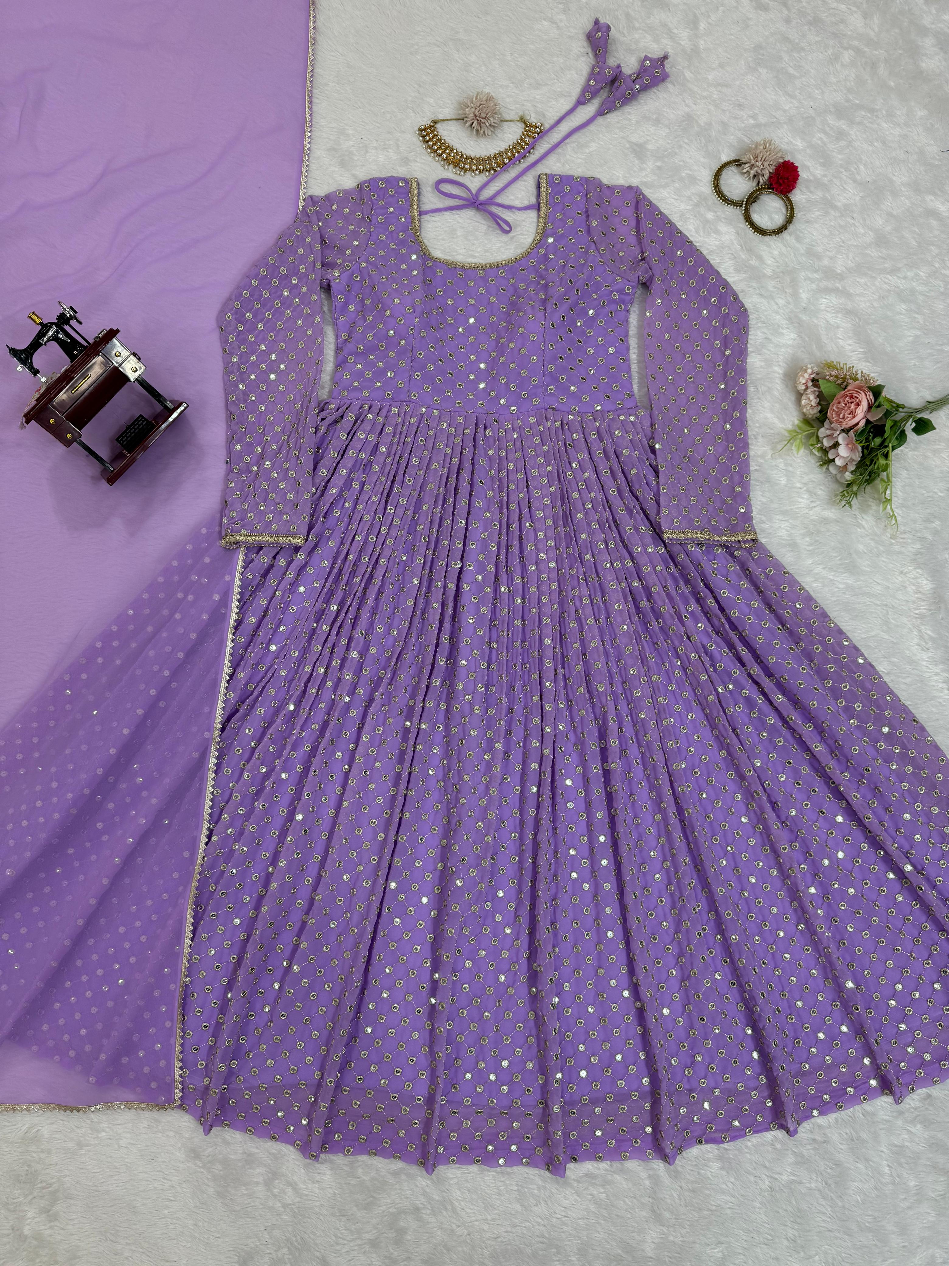 Beautiful Designer Lavender Georgette Thread With Sequence Work Gown