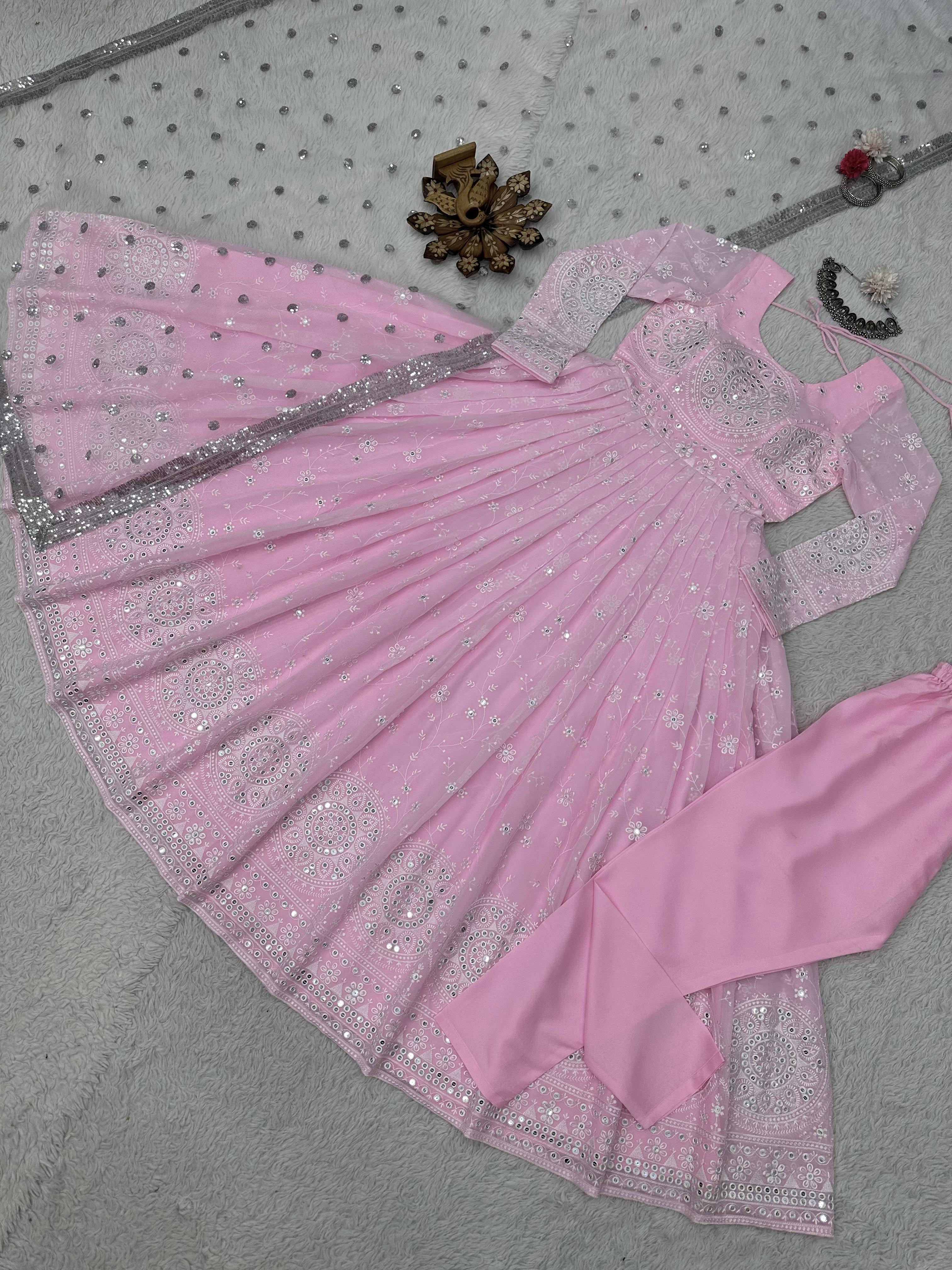 Pink Georgette Thread Sequence Work Gown