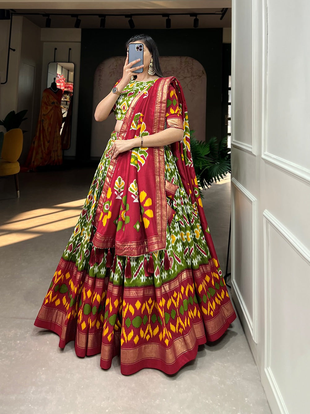 Beautiful Tussar Silk Patola Print With Foil Work Lehenga Choli