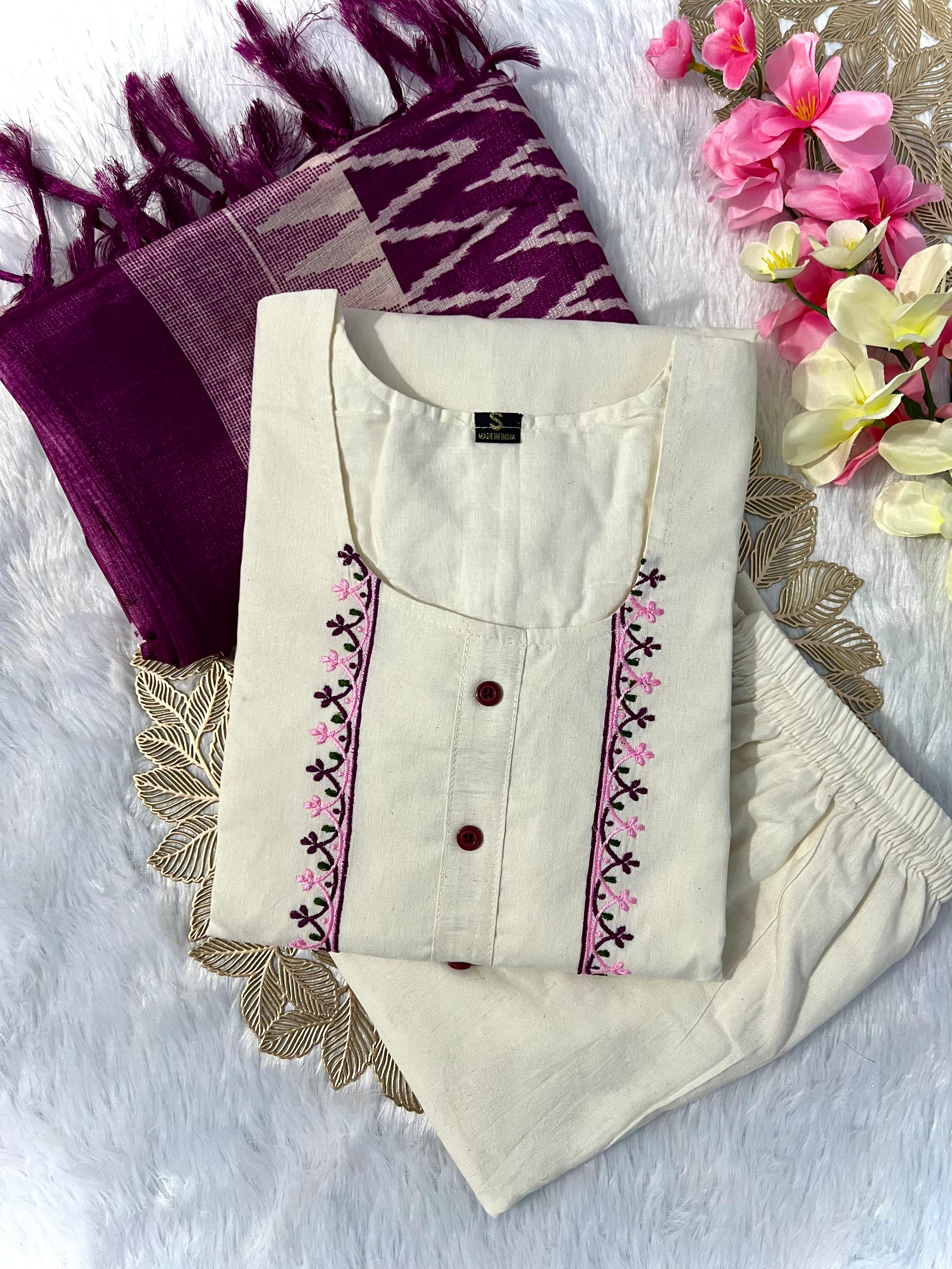 Beautiful White Cotton Dress With Embroidery Work