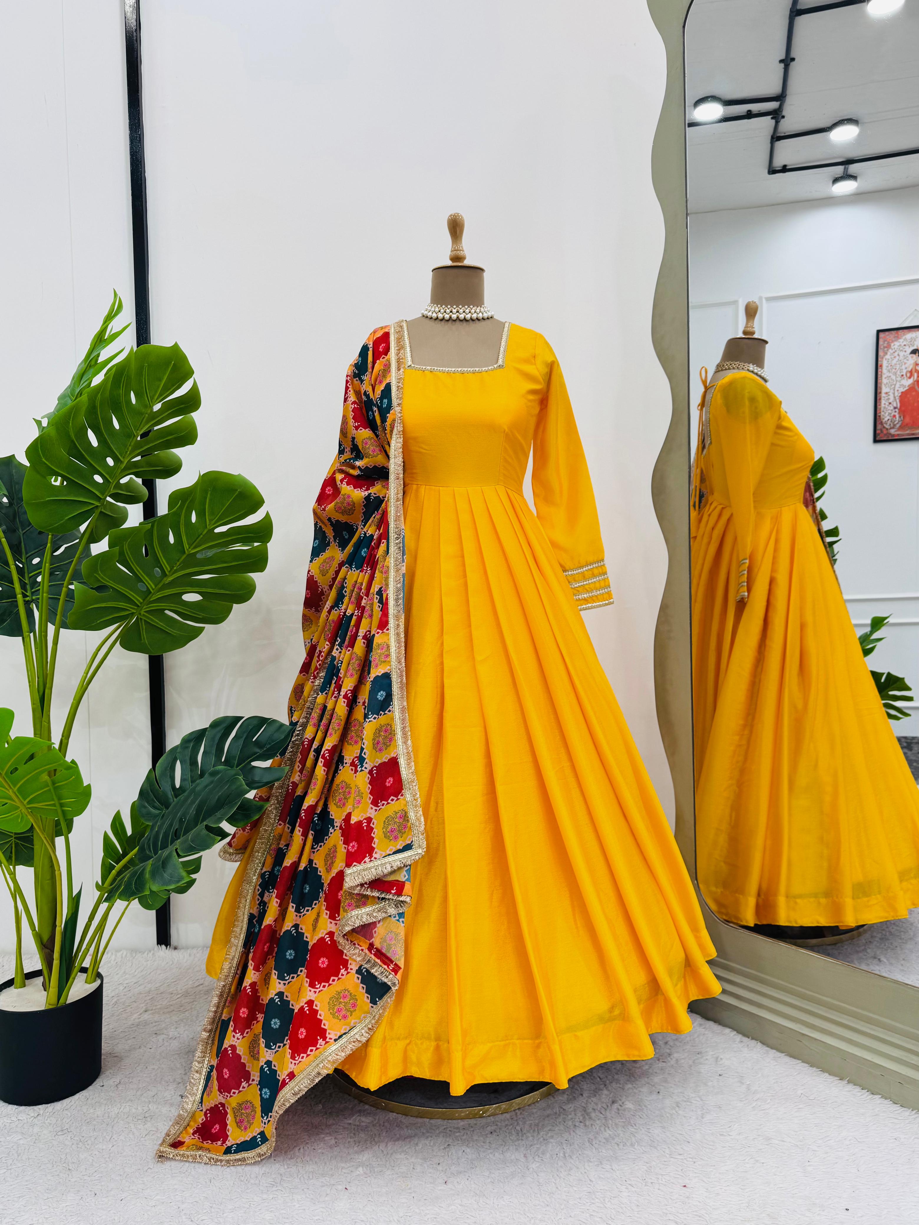 Festive Special Yellow Chinon Silk Gown