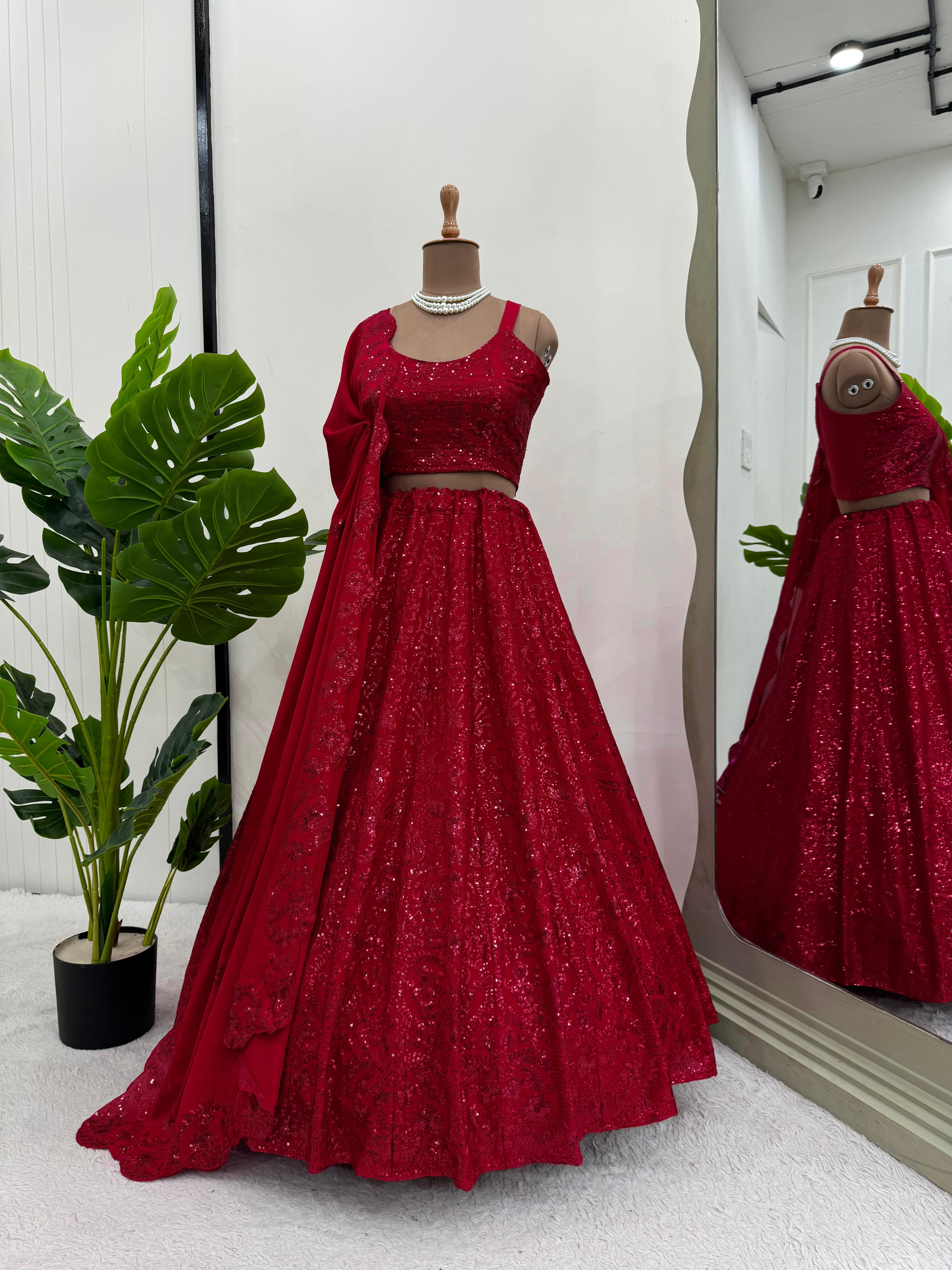 Red Sequence Work Chinon Silk Partywear Lahenga Choli