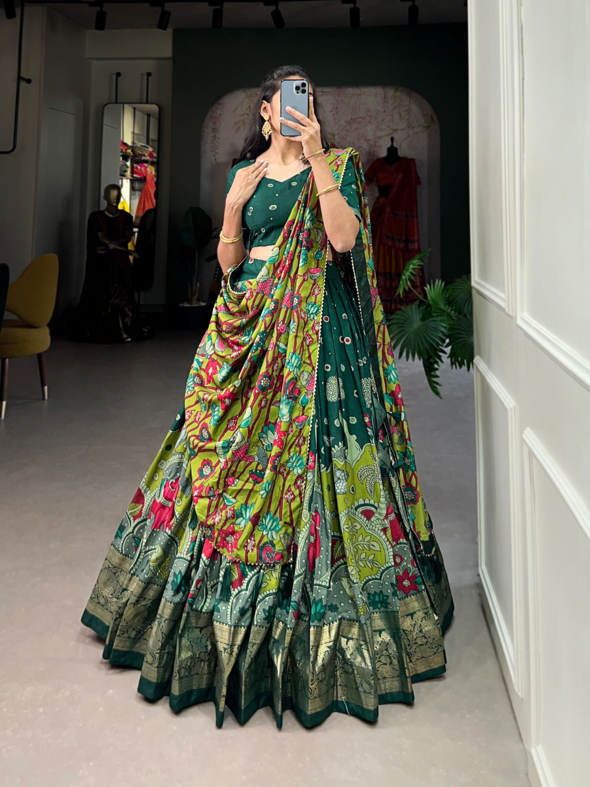 Southern Grace Tussar Silk Kalamkari Printed Lehenga Choli