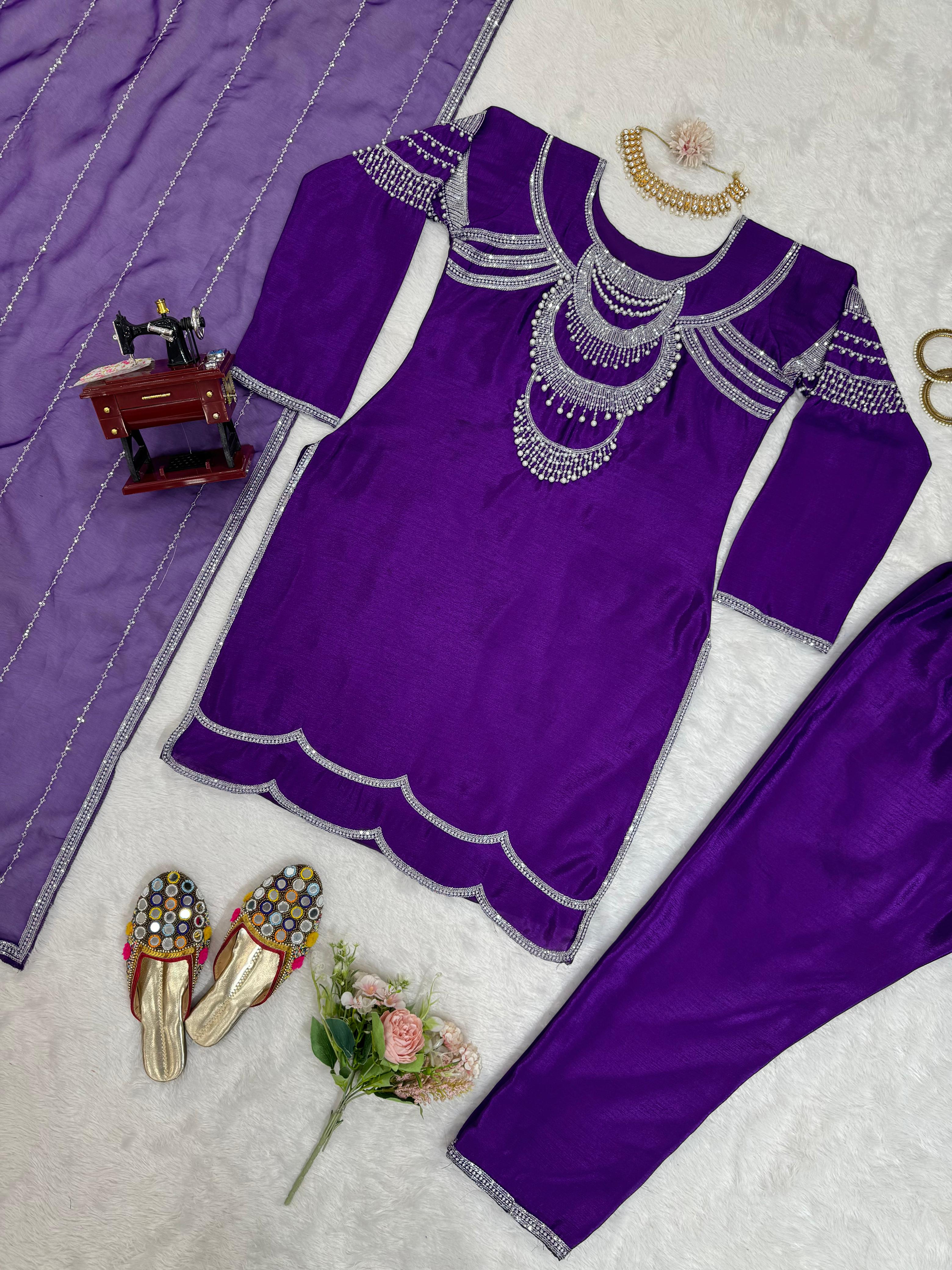 Partywear Purple Chinon Silk Sequence & Thready Work Salwar Suit