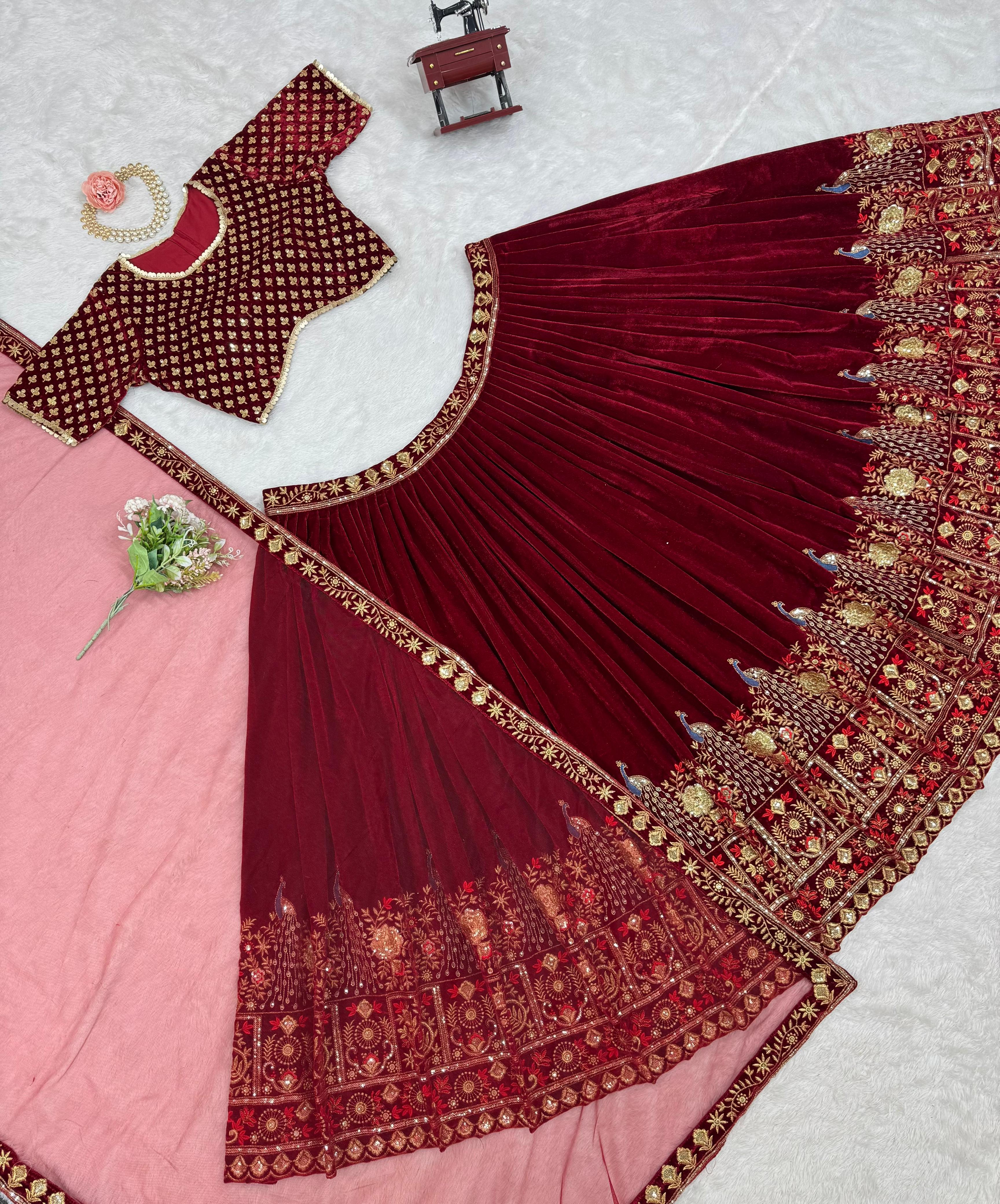 Brides Special Viscose Velvet Thread With Sequence Work Lehenga Choli