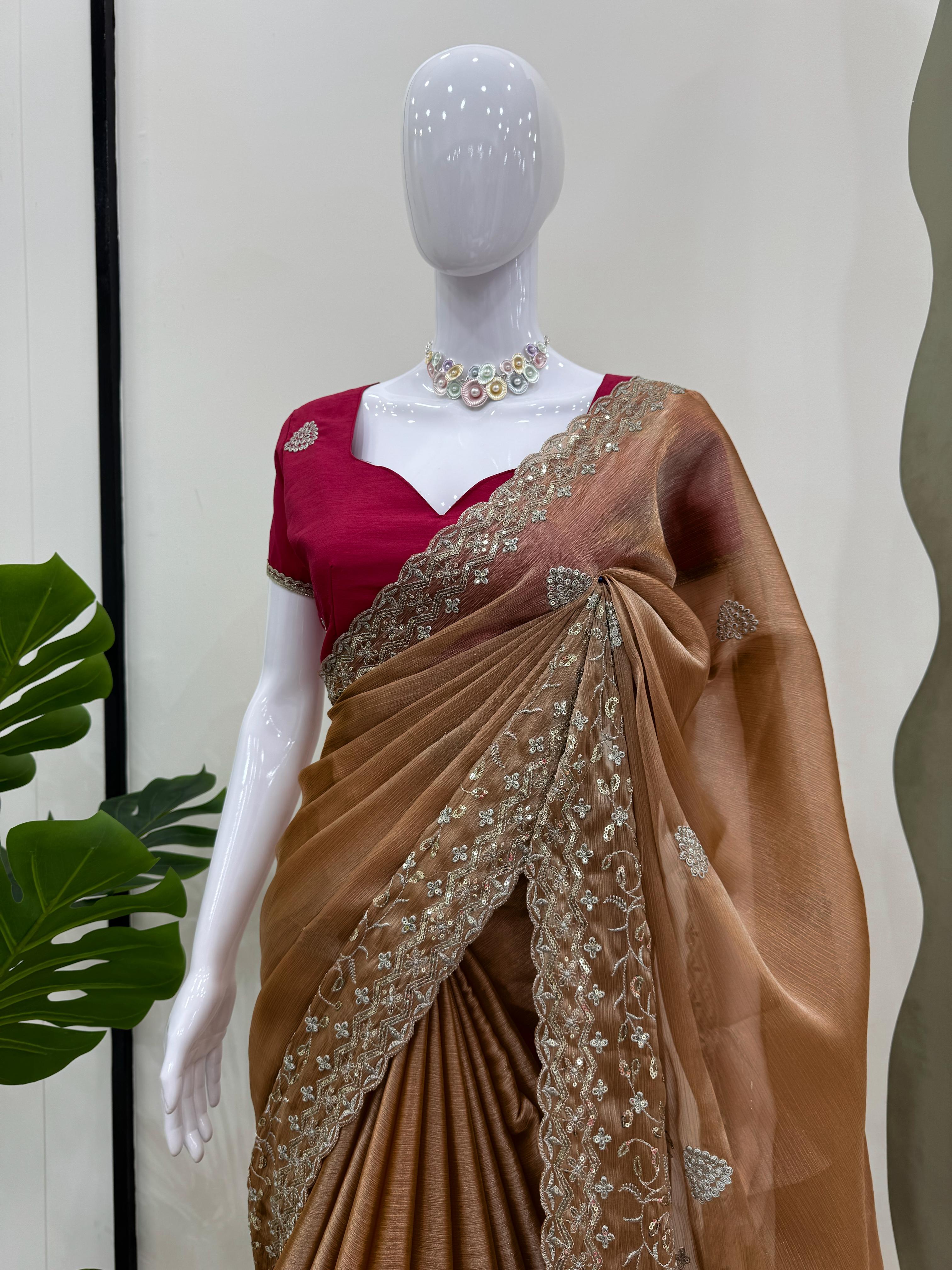 Beautiful Designer Burberry Silk Thread With Sequence Work Saree