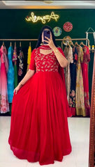 Stunning Red Georgette Thread With Sequence Work Gown