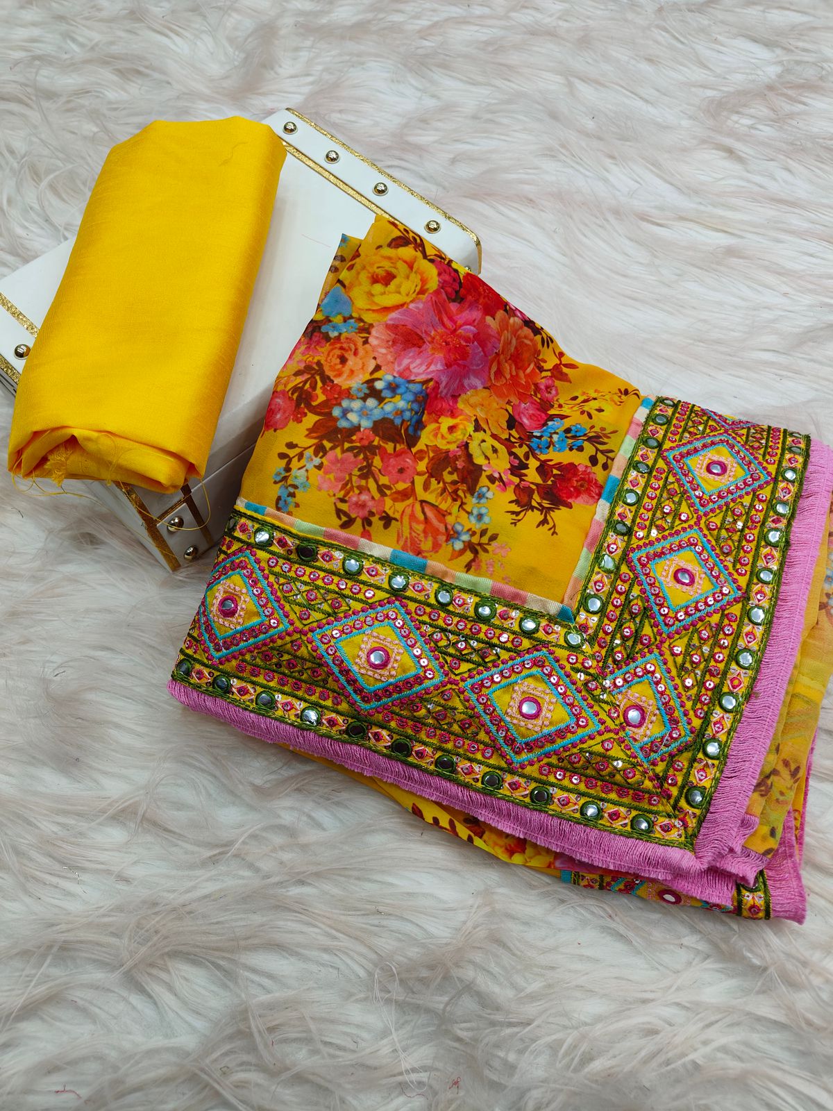 Beutiful Yellow Georgette Digital Printed With Multi Embroidery Work Saree