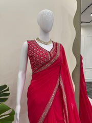 Beautiful Designer Pink Georgette Thread With Sequence Work Saree