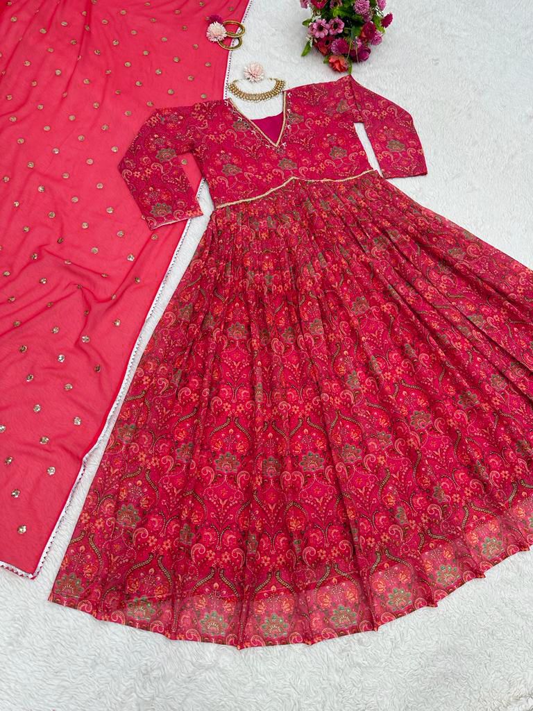 Beautiful Pink Georgette Printed Work Gown