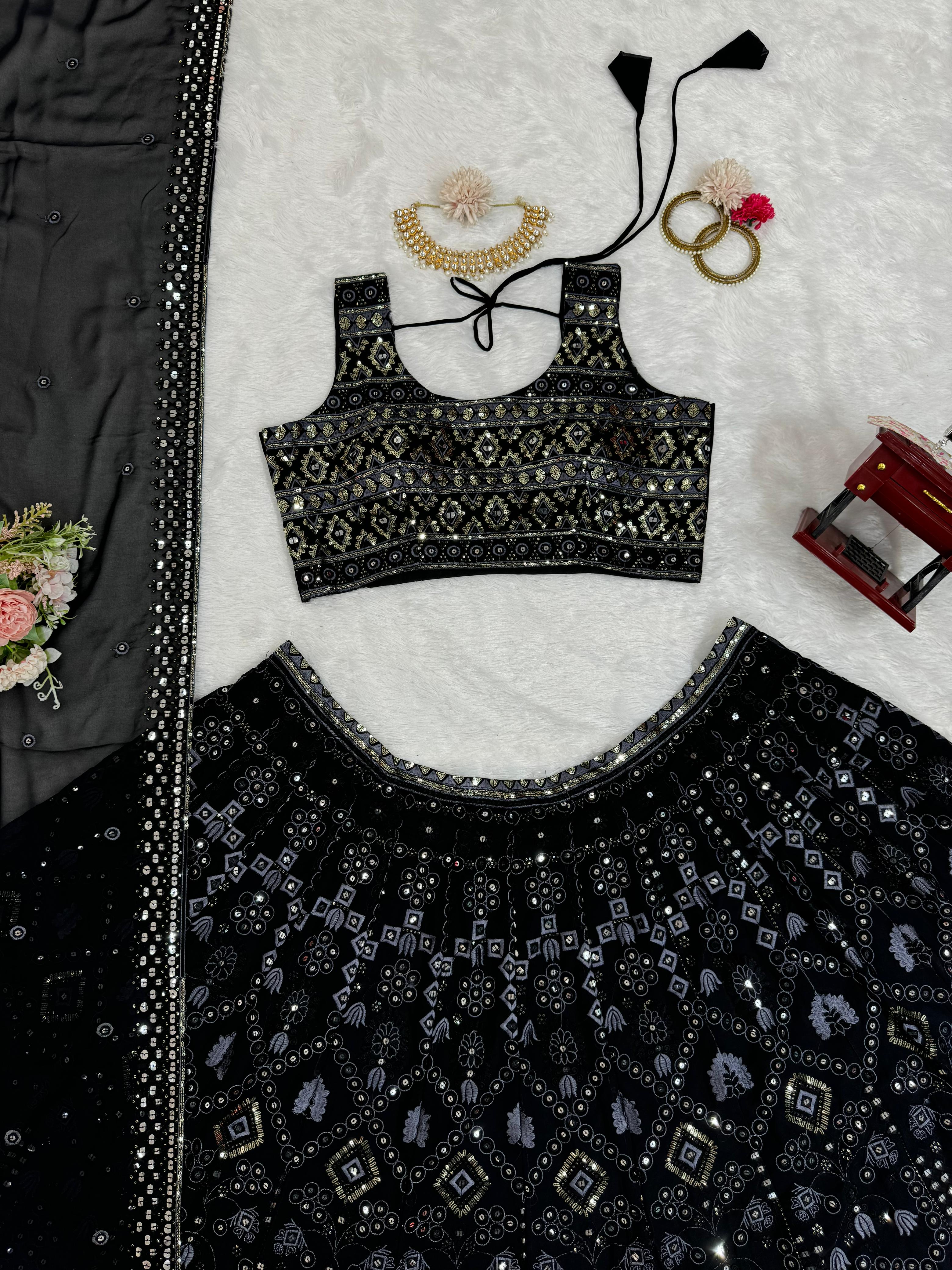 Adorable Black Georgette Sequence With Thread Work Designer Lehenga Choli