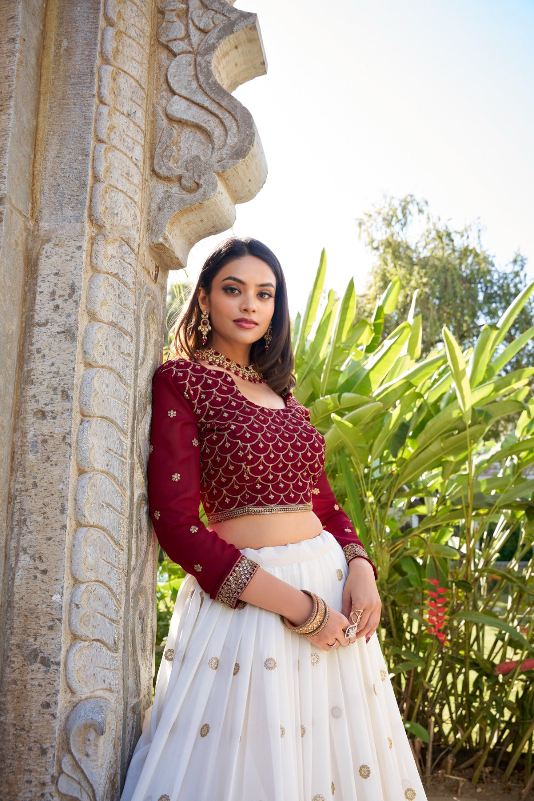 Wedding Special Georgette White & Red Combination Sequence With Thread Embroidery Work Lehenga Choli