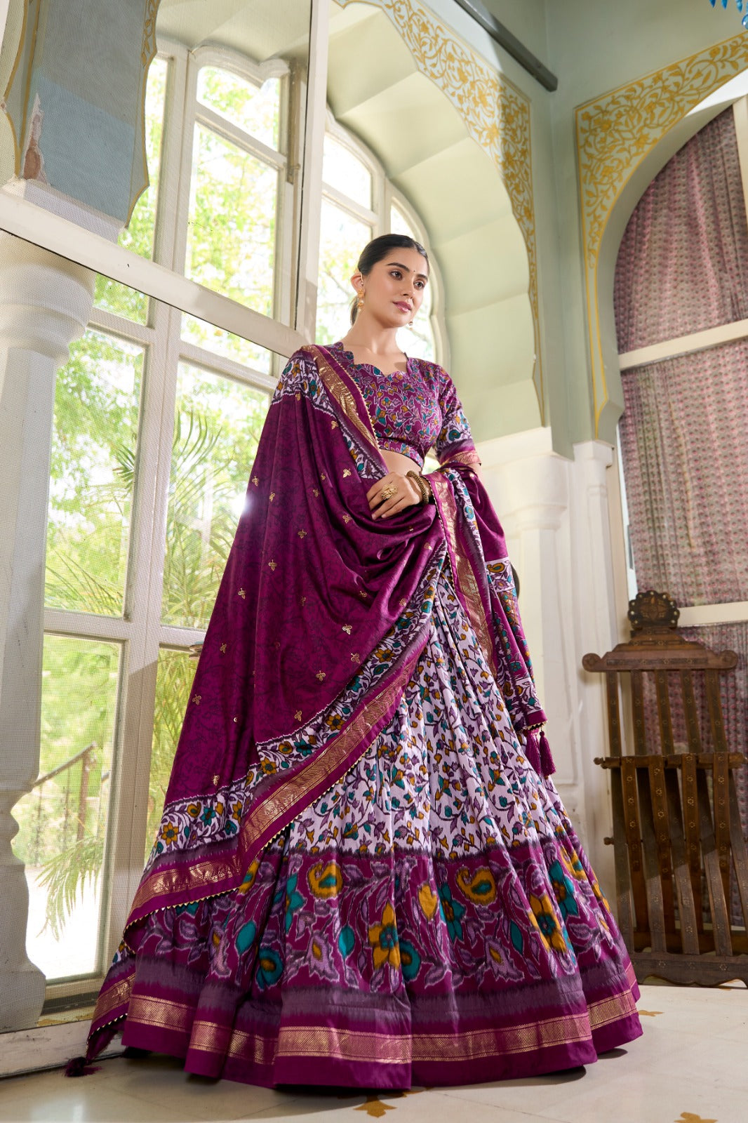 Classic Floral Printed & Foil Printed Tussar Silk Lehenga Choli