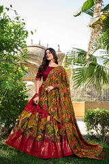 Beautiful Kalamkari Printed With Foil Work Border Lehenga Choli