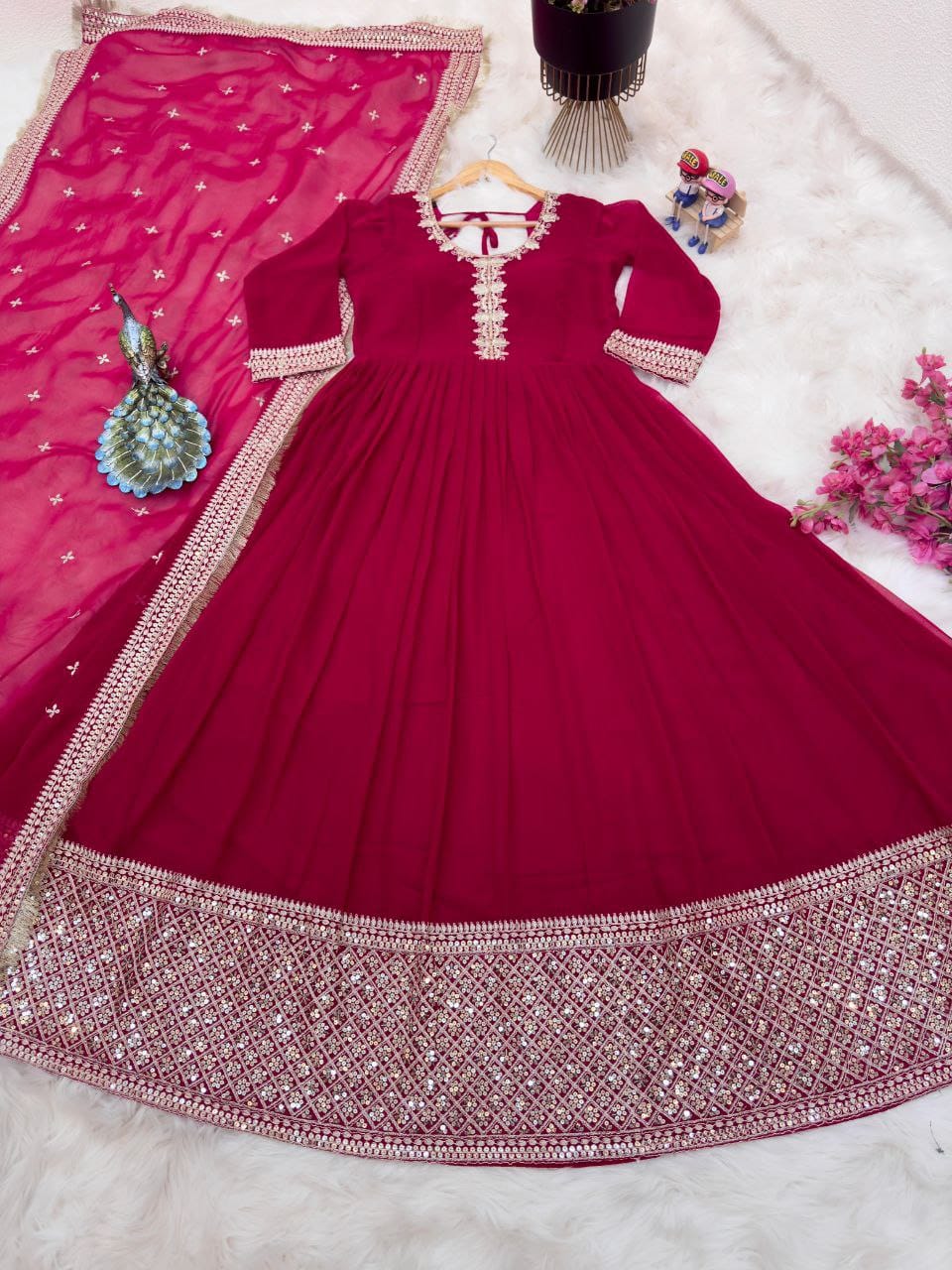 Beautiful Pink Georgette Sequence Coding Embroidery Work Gown