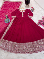 Beautiful Pink Georgette Sequence Coding Embroidery Work Gown