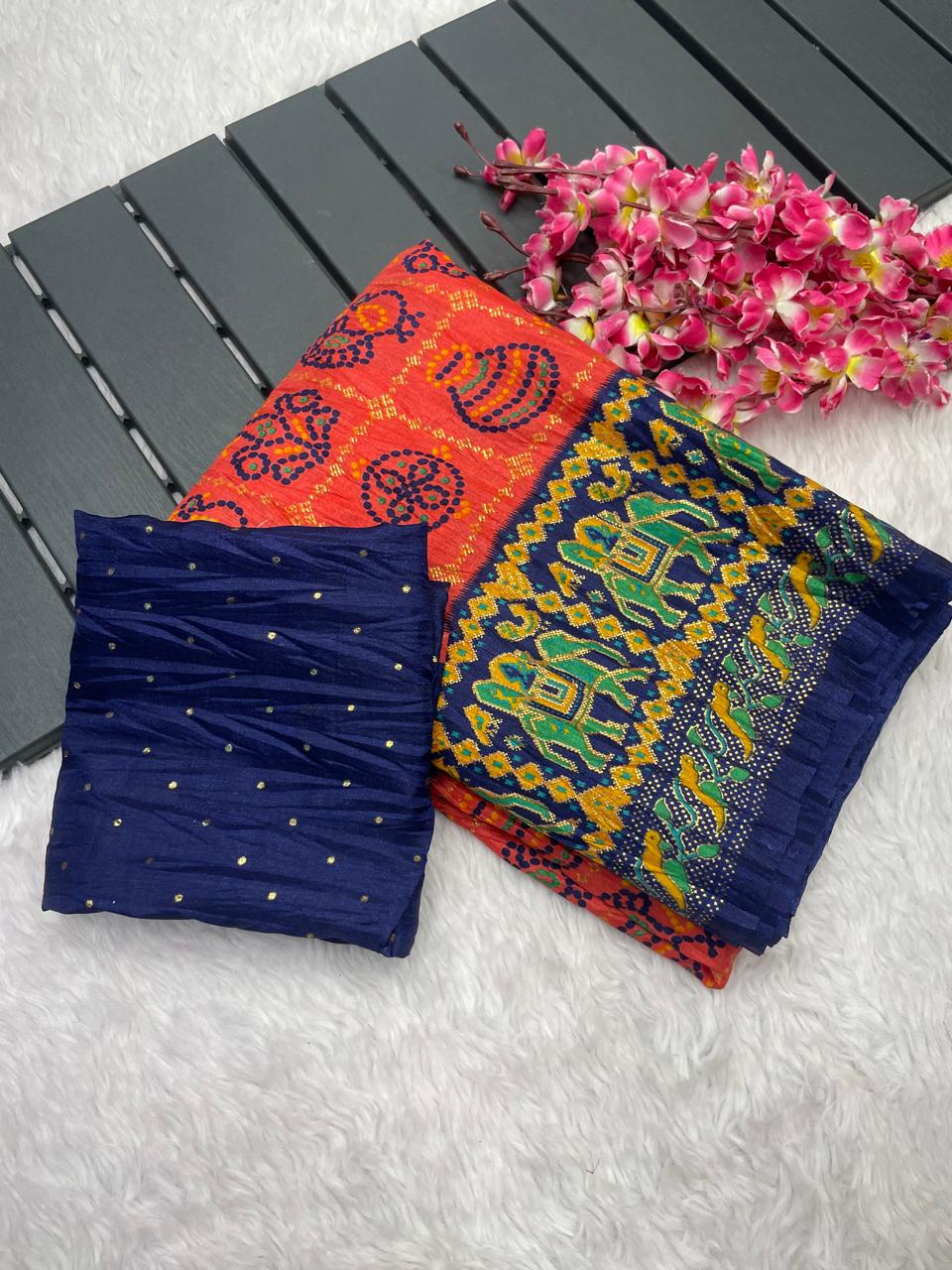 Pure Soft Crush Dola Pochampally Design With Foil Print Border Saree